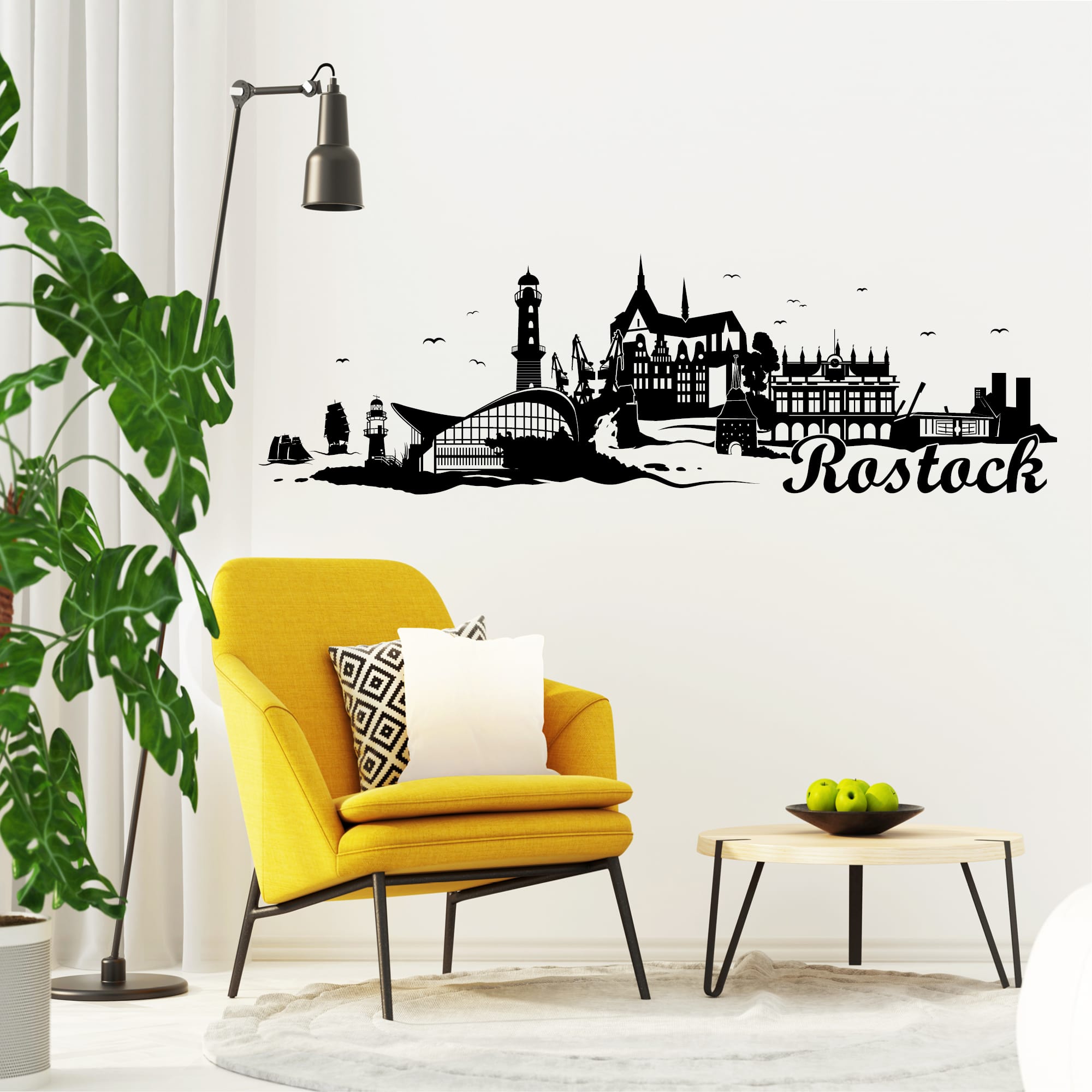 Auf dem Bild ist das Produkt: Wandtattoo Rostock Skyline mit Warnemünde Hansestadt Wandaufkleber Heimat Heimatliebe Ostsee Schriftzug zum Preis von €16.90 abgebildet.