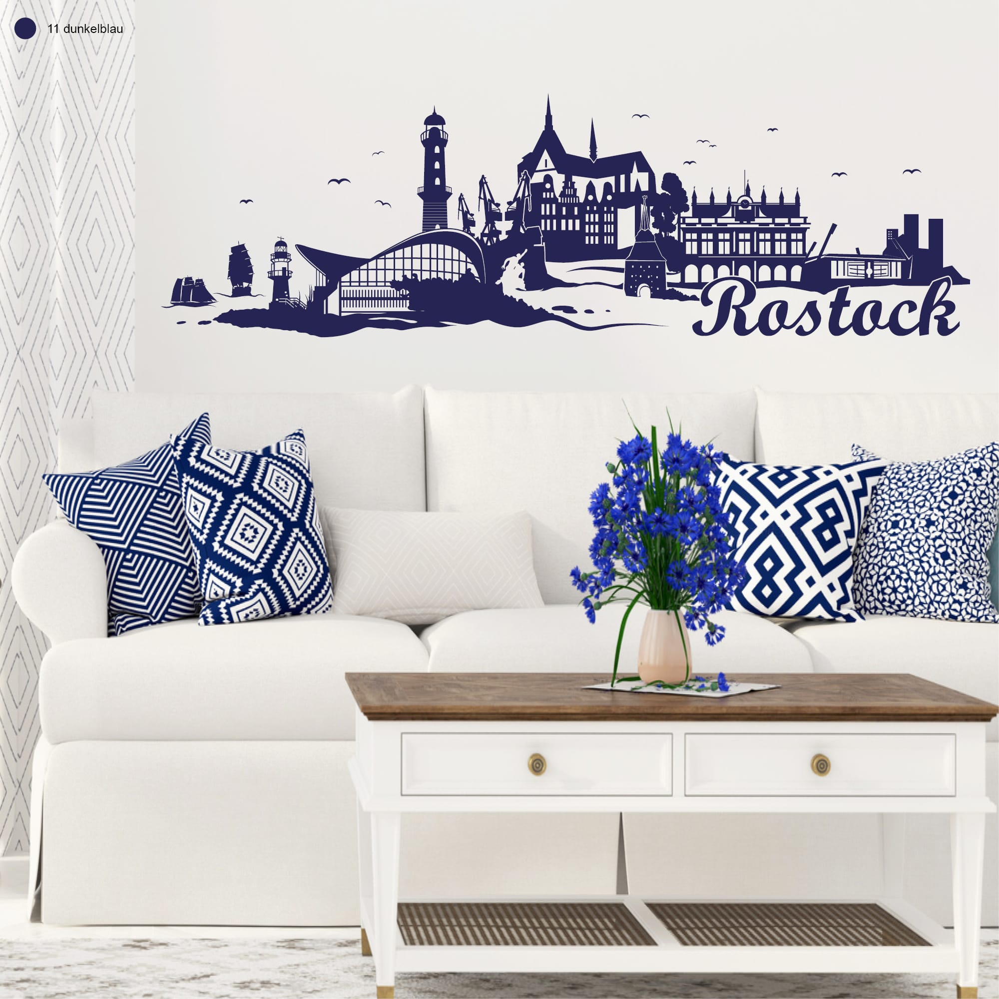 Auf dem Bild ist das Produkt: Wandtattoo Rostock Skyline mit Warnemünde Hansestadt Wandaufkleber Heimat Heimatliebe Ostsee Schriftzug zum Preis von €16.90 abgebildet.