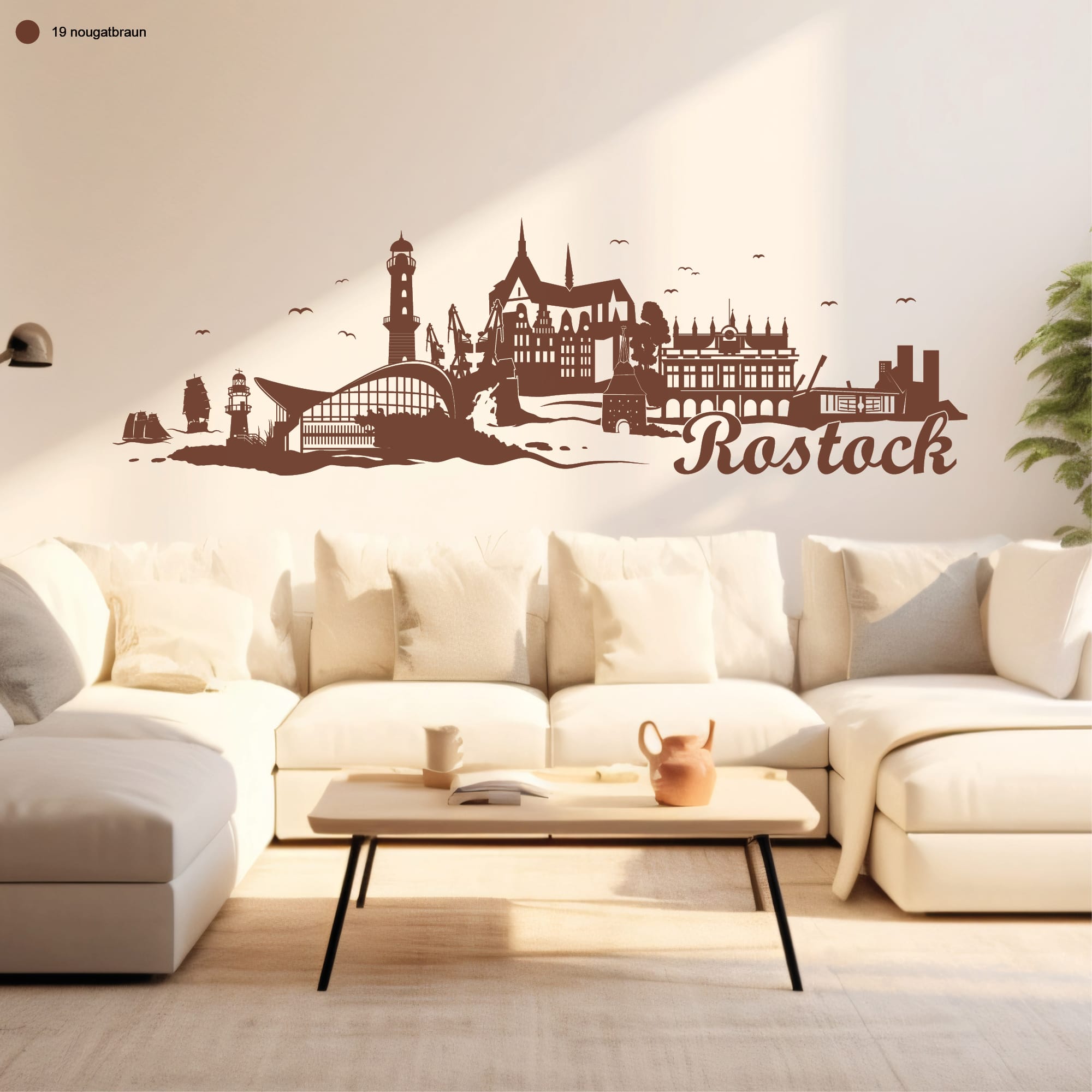 Auf dem Bild ist das Produkt: Wandtattoo Rostock Skyline mit Warnemünde Hansestadt Wandaufkleber Heimat Heimatliebe Ostsee Schriftzug zum Preis von €16.90 abgebildet.