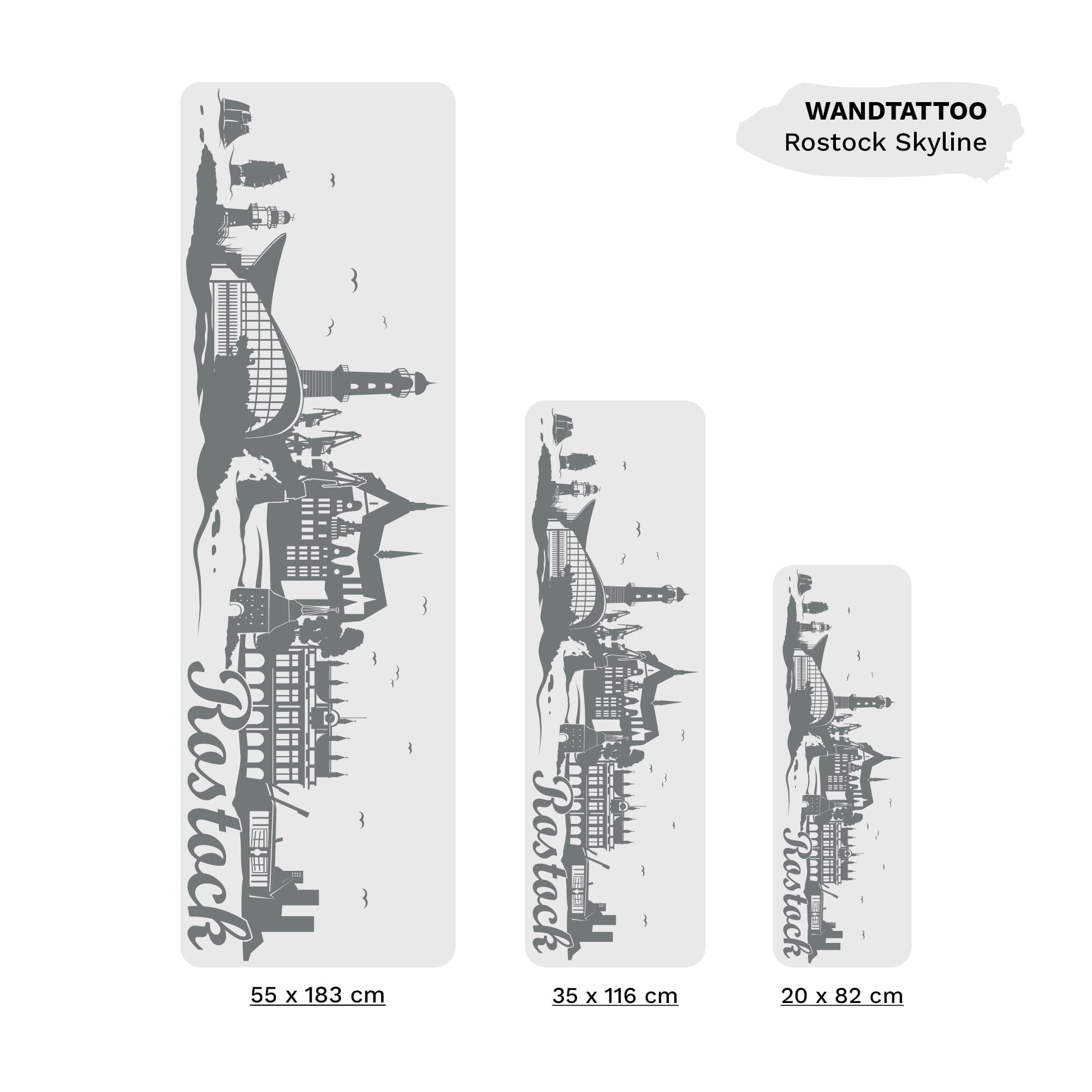 Auf dem Bild ist das Produkt: Wandtattoo Rostock Skyline mit Warnemünde Hansestadt Wandaufkleber Heimat Heimatliebe Ostsee Schriftzug zum Preis von €16.90 abgebildet.