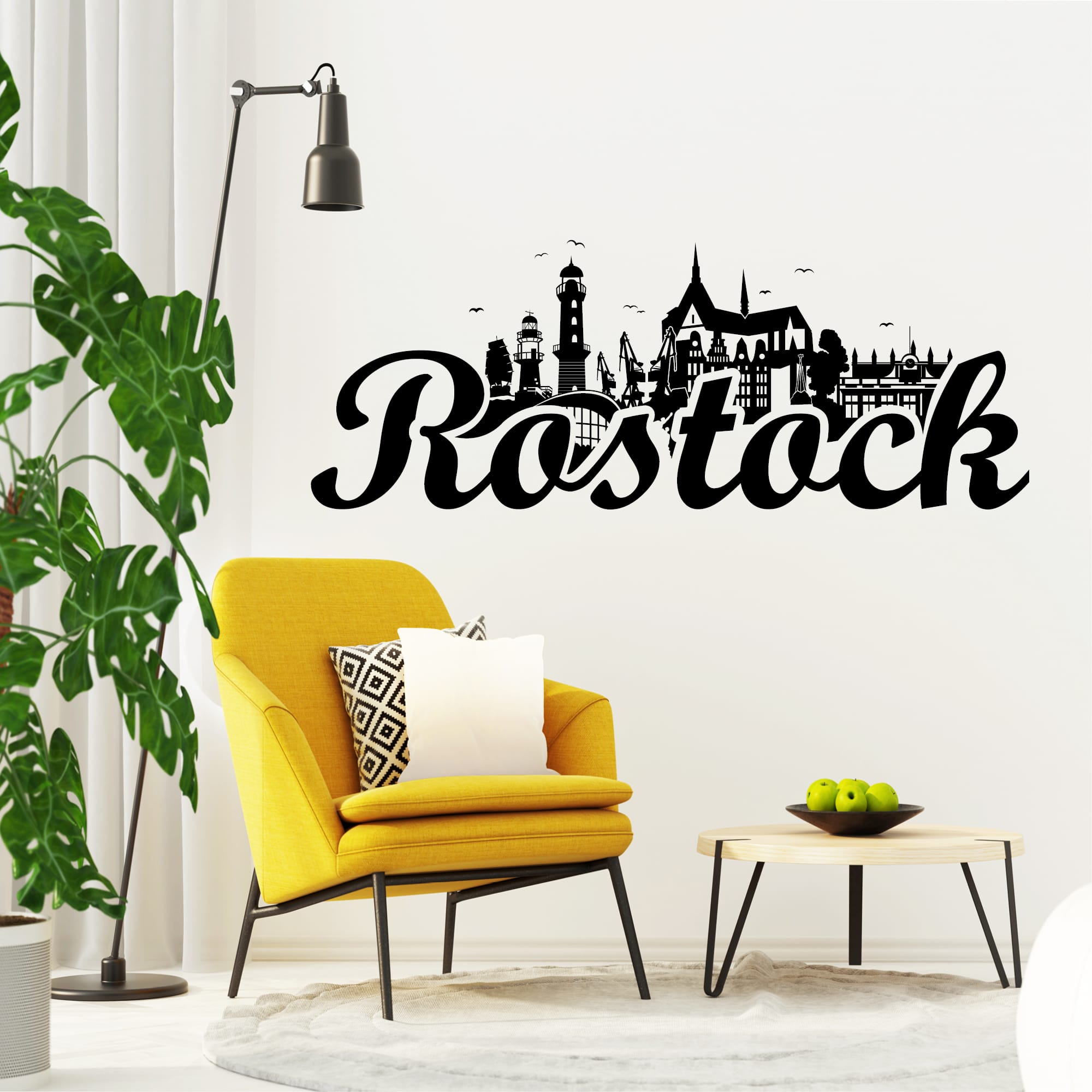 Auf dem Bild ist das Produkt: Wandtattoo Rostock Skyline Hansestadt Wandaufkleber Heimat Heimatliebe Ostsee Schriftzug groß zum Preis von €19.9 abgebildet.