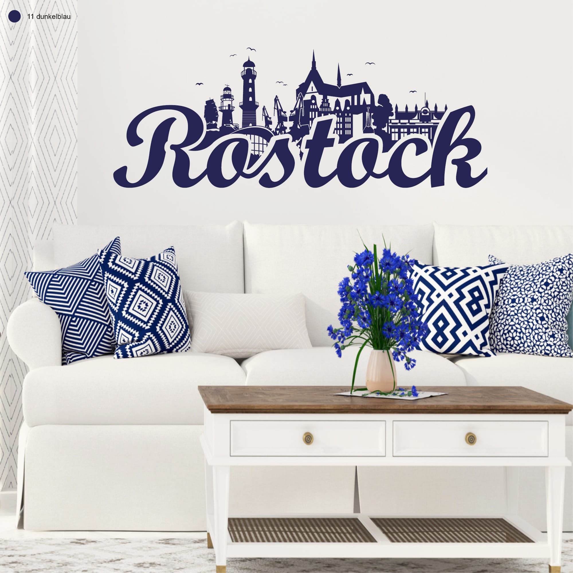 Auf dem Bild ist das Produkt: Wandtattoo Rostock Skyline Hansestadt Wandaufkleber Heimat Heimatliebe Ostsee Schriftzug groß zum Preis von €19.9 abgebildet.