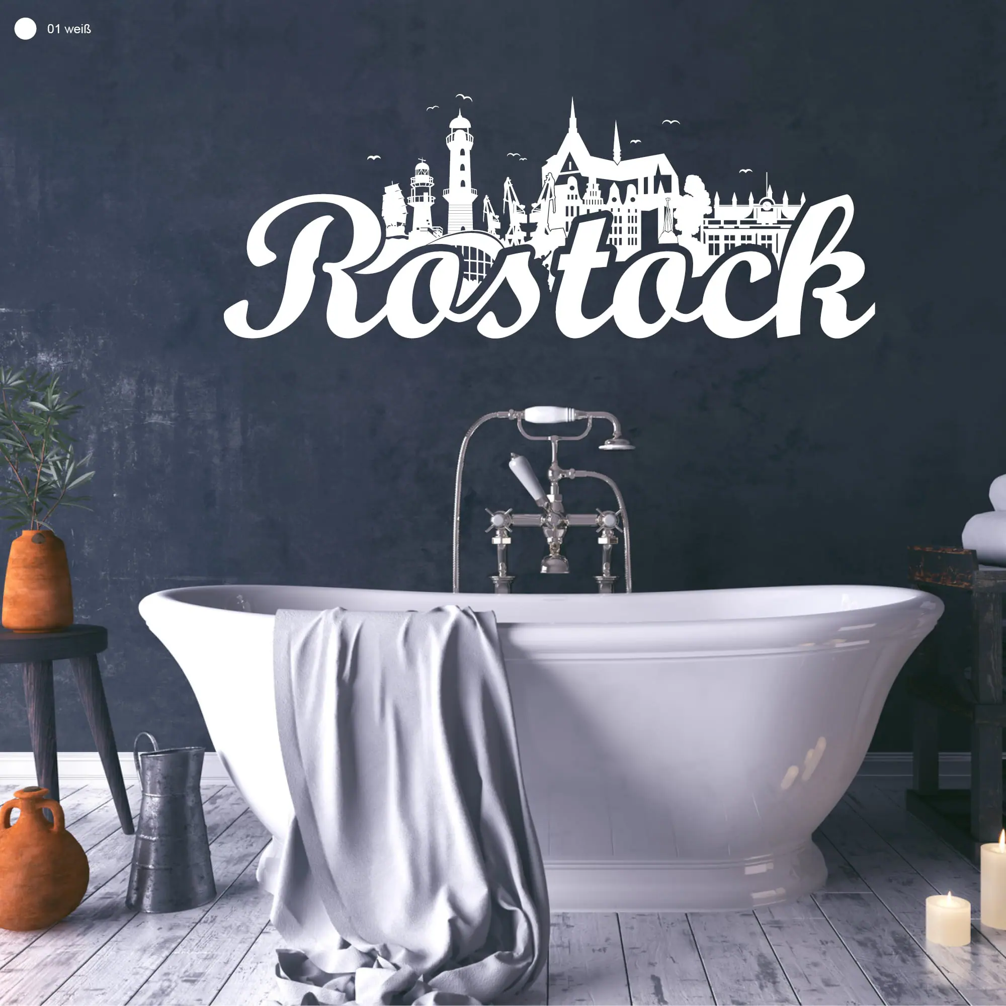 Auf dem Bild ist das Produkt: Wandtattoo Rostock Skyline Hansestadt Wandaufkleber Heimat Heimatliebe Ostsee Schriftzug groß zum Preis von €19.9 abgebildet.