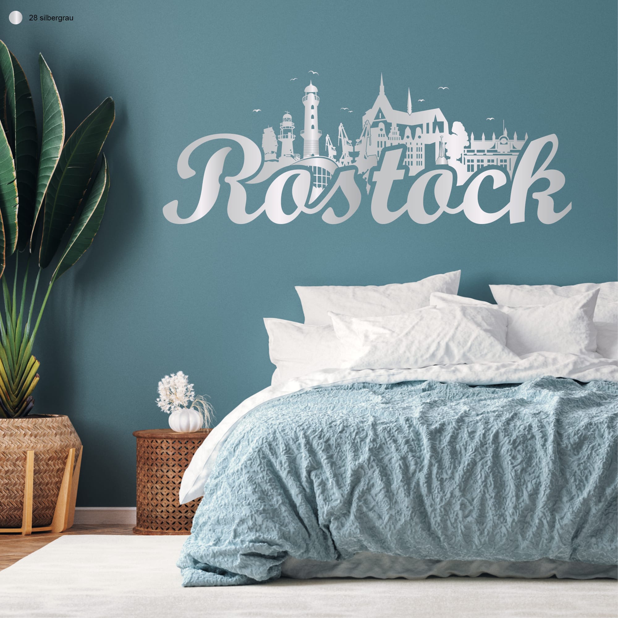 Auf dem Bild ist das Produkt: Wandtattoo Rostock Skyline Hansestadt Wandaufkleber Heimat Heimatliebe Ostsee Schriftzug groß zum Preis von €19.9 abgebildet.