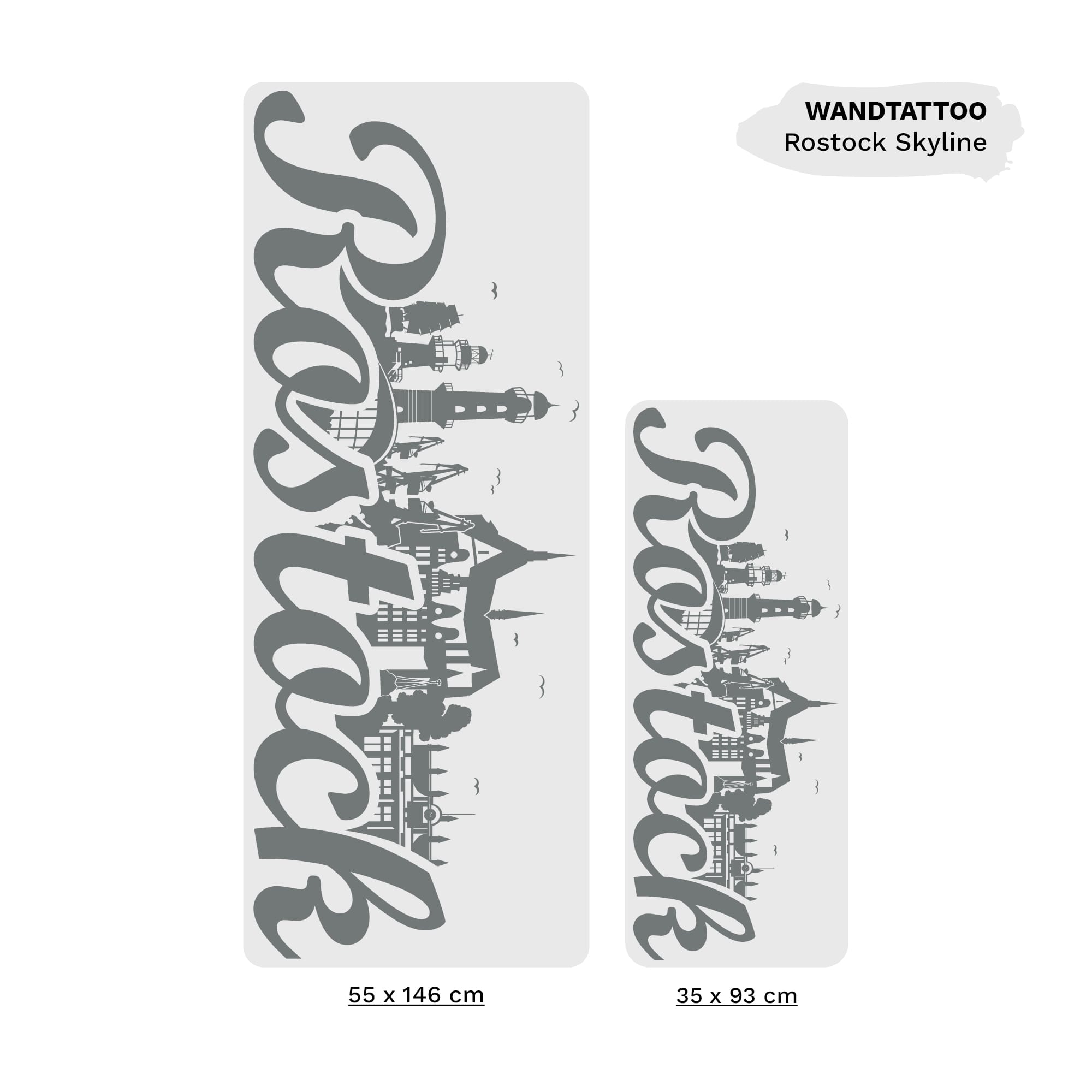 Auf dem Bild ist das Produkt: Wandtattoo Rostock Skyline Hansestadt Wandaufkleber Heimat Heimatliebe Ostsee Schriftzug groß zum Preis von €19.9 abgebildet.