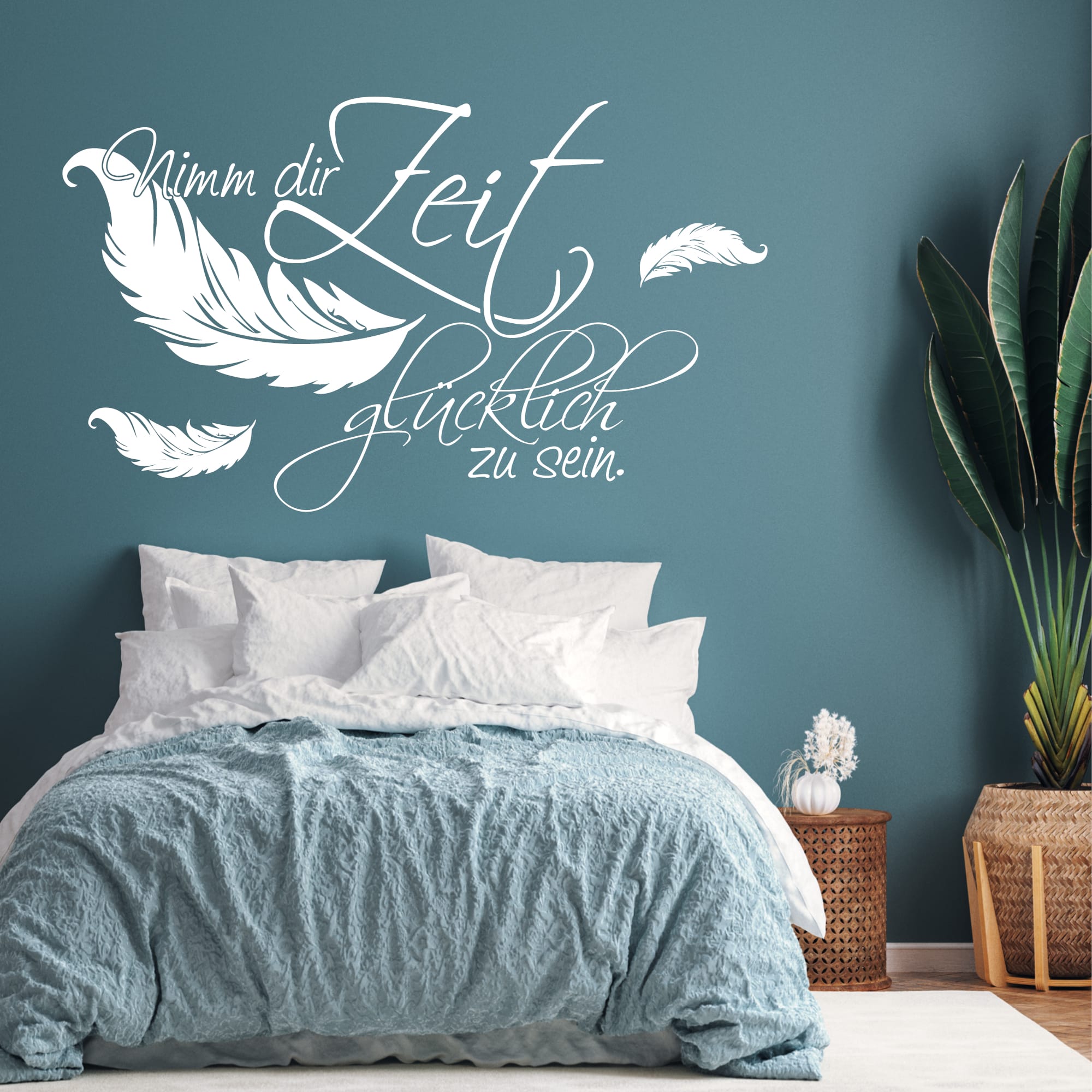 Wandtattoo Spruch Nimm dir Zeit glücklich zu sein Zitat Wandbild Wandaufkleber Federn Motivation