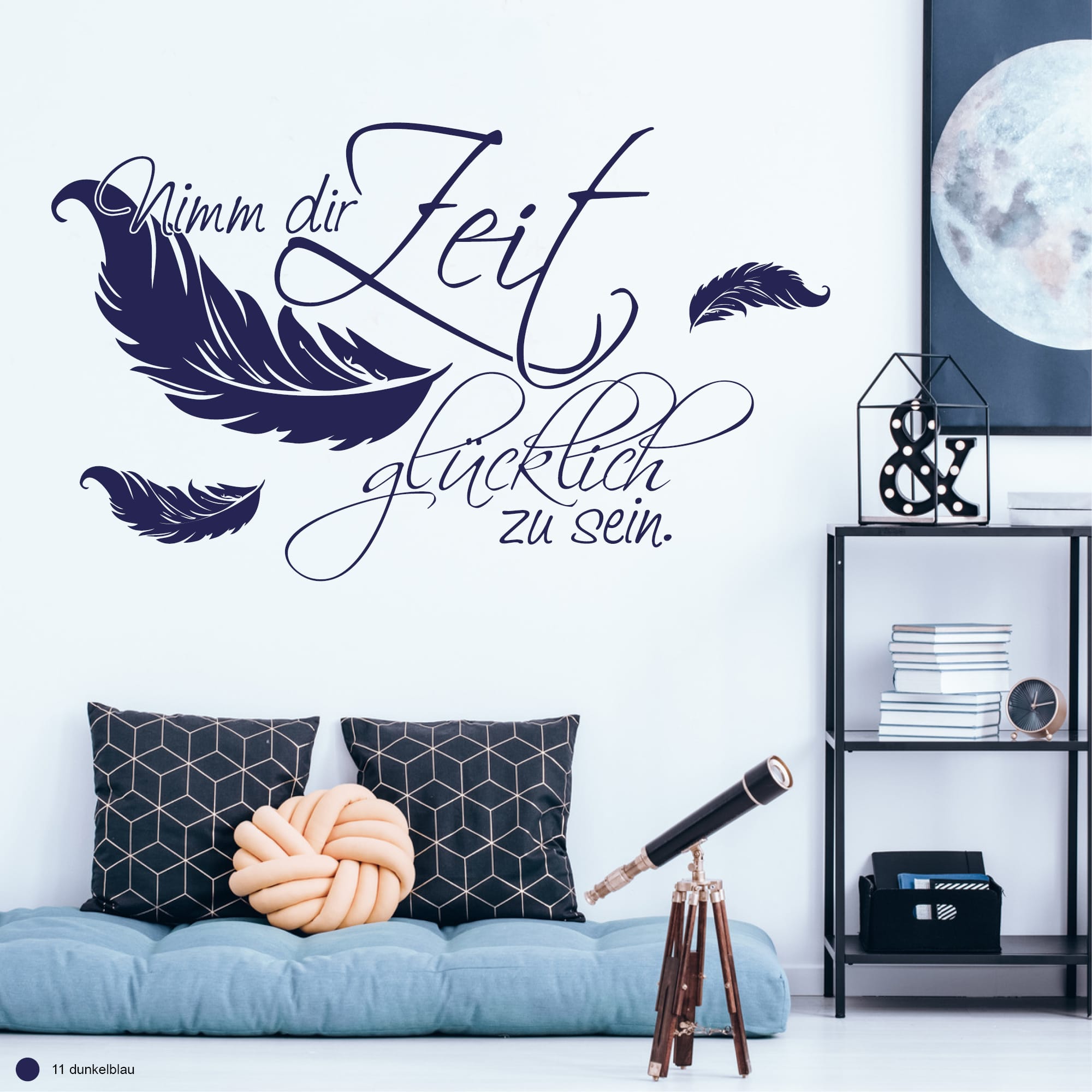 Auf dem Bild ist das Produkt: Wandtattoo Spruch Nimm dir Zeit glücklich zu sein Zitat Wandbild Wandaufkleber Federn Motivation zum Preis von €16.90 abgebildet.