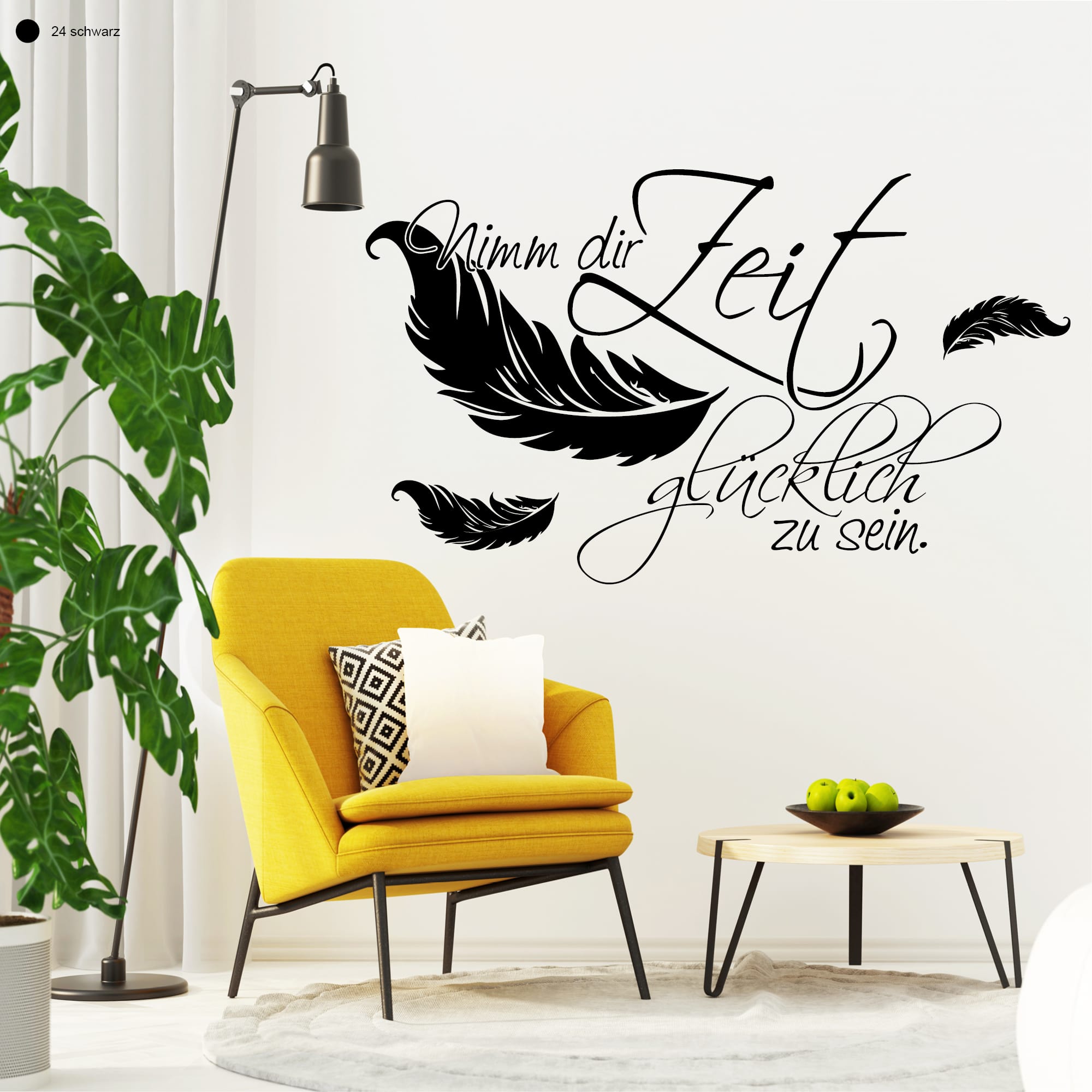 Auf dem Bild ist das Produkt: Wandtattoo Spruch Nimm dir Zeit glücklich zu sein Zitat Wandbild Wandaufkleber Federn Motivation zum Preis von €16.90 abgebildet.