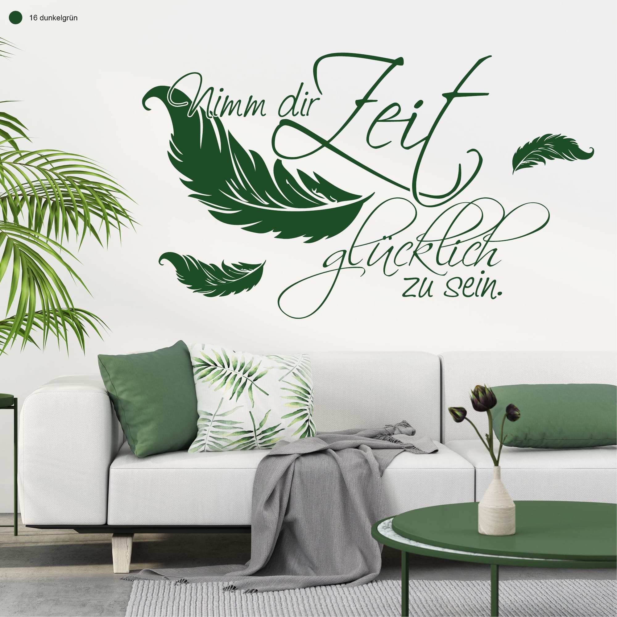 Auf dem Bild ist das Produkt: Wandtattoo Spruch Nimm dir Zeit glücklich zu sein Zitat Wandbild Wandaufkleber Federn Motivation zum Preis von €16.90 abgebildet.