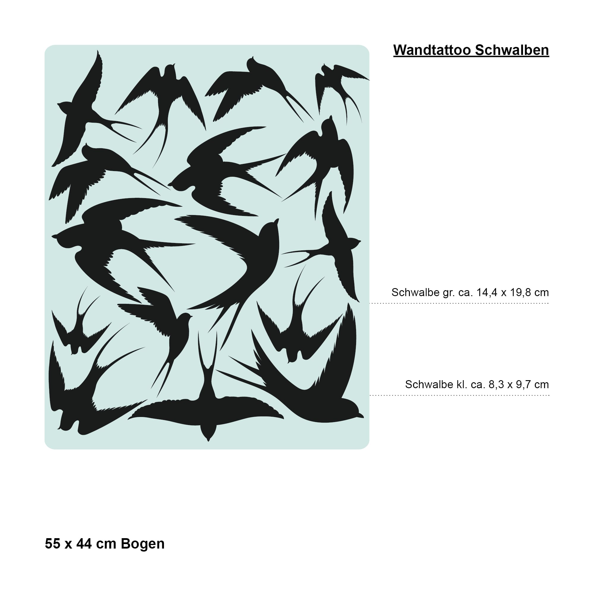 Auf dem Bild ist das Produkt: Wandtattoo fliegende Schwalben Vögel Schwarm Dekoration Wohnzimmer Wandgestaltung Wandaufkleber zum Preis von €14.90 abgebildet.