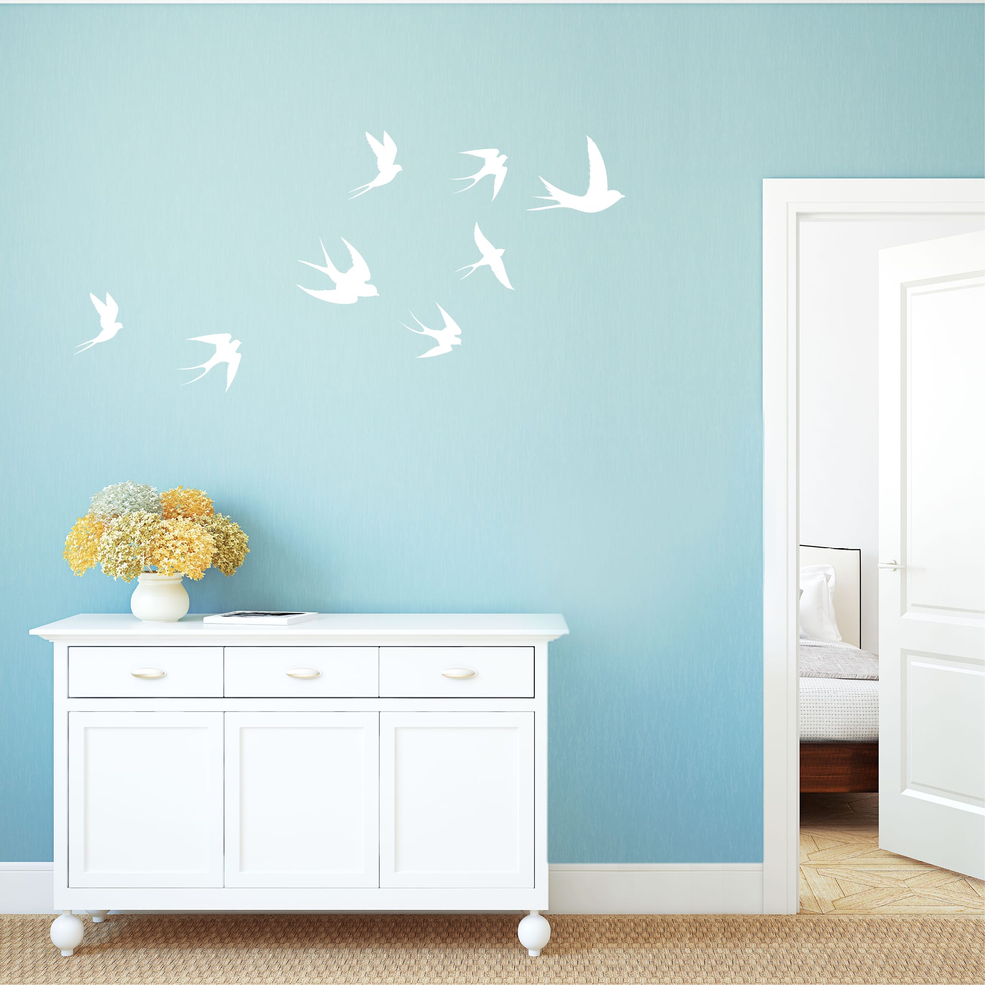 Auf dem Bild ist das Produkt: Wandtattoo fliegende Schwalben Vögel Schwarm Dekoration Wohnzimmer Wandgestaltung Wandaufkleber zum Preis von €14.90 abgebildet.
