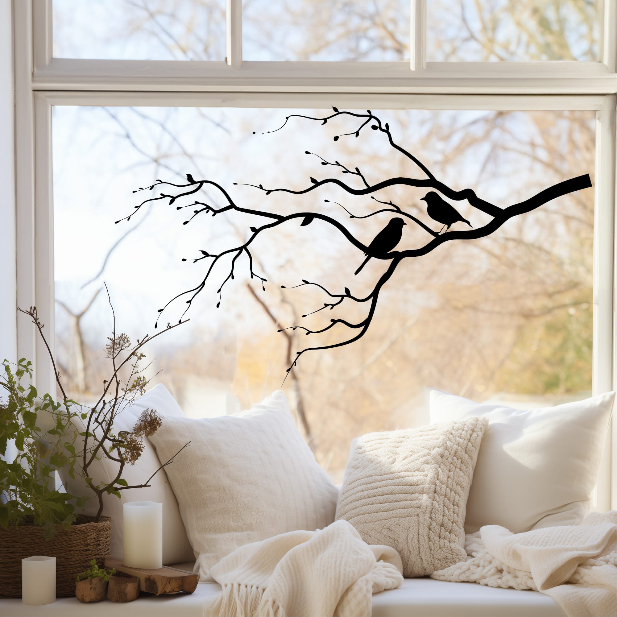 Fensterbild Zweig Vögel Frühling Sommer Knospen weiß schwarz Kontur junger Ast Frühlingsbote schlicht wiederverwendbar