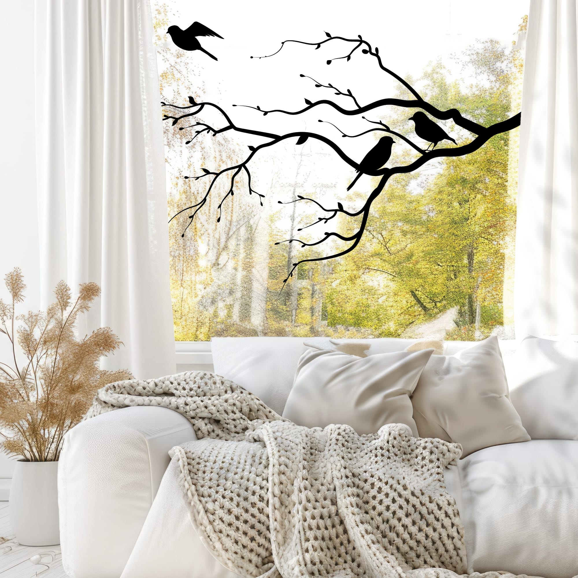 Auf dem Bild ist das Produkt: Fensterbild Zweig Vögel Frühling Sommer Knospen weiß schwarz Kontur junger Ast Frühlingsbote schlicht wiederverwendbar zum Preis von €13.9 abgebildet.