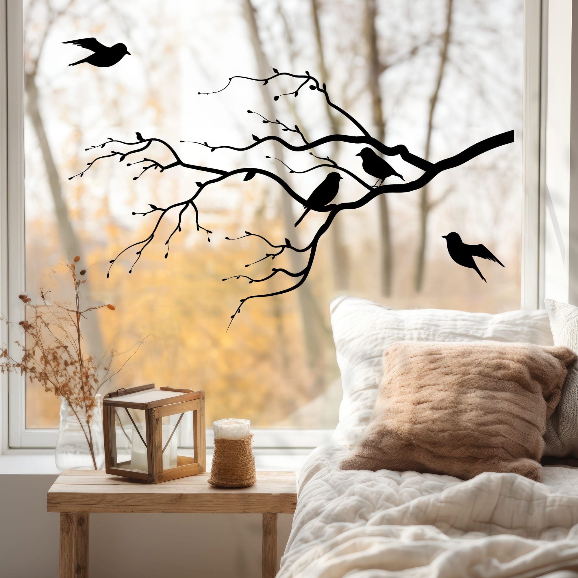 Auf dem Bild ist das Produkt: Fensterbild Zweig Vögel Frühling Sommer Knospen weiß schwarz Kontur junger Ast Frühlingsbote schlicht wiederverwendbar zum Preis von €13.9 abgebildet.