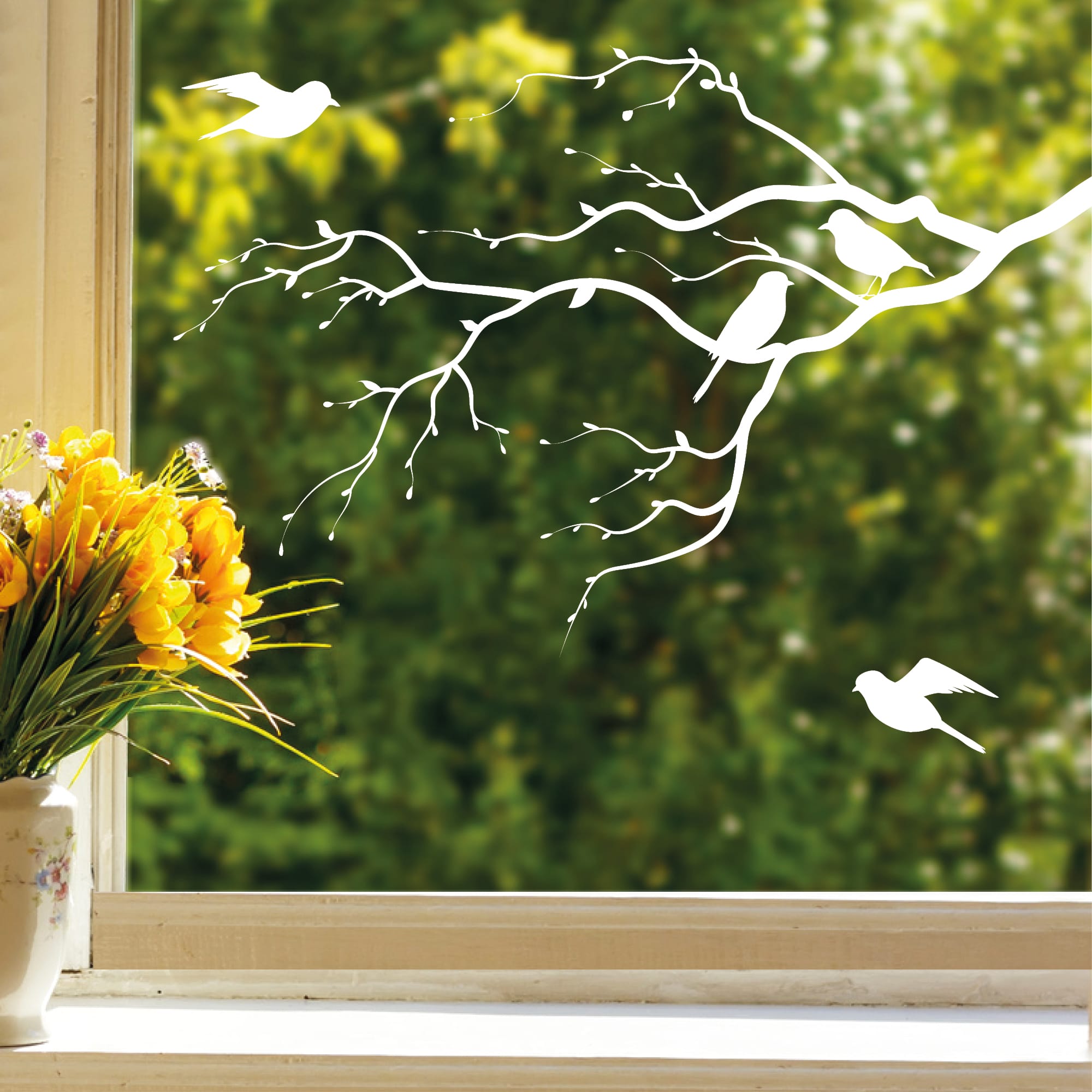 Auf dem Bild ist das Produkt: Fensterbild Zweig Vögel Frühling Sommer Knospen weiß schwarz Kontur junger Ast Frühlingsbote schlicht wiederverwendbar zum Preis von €13.9 abgebildet.