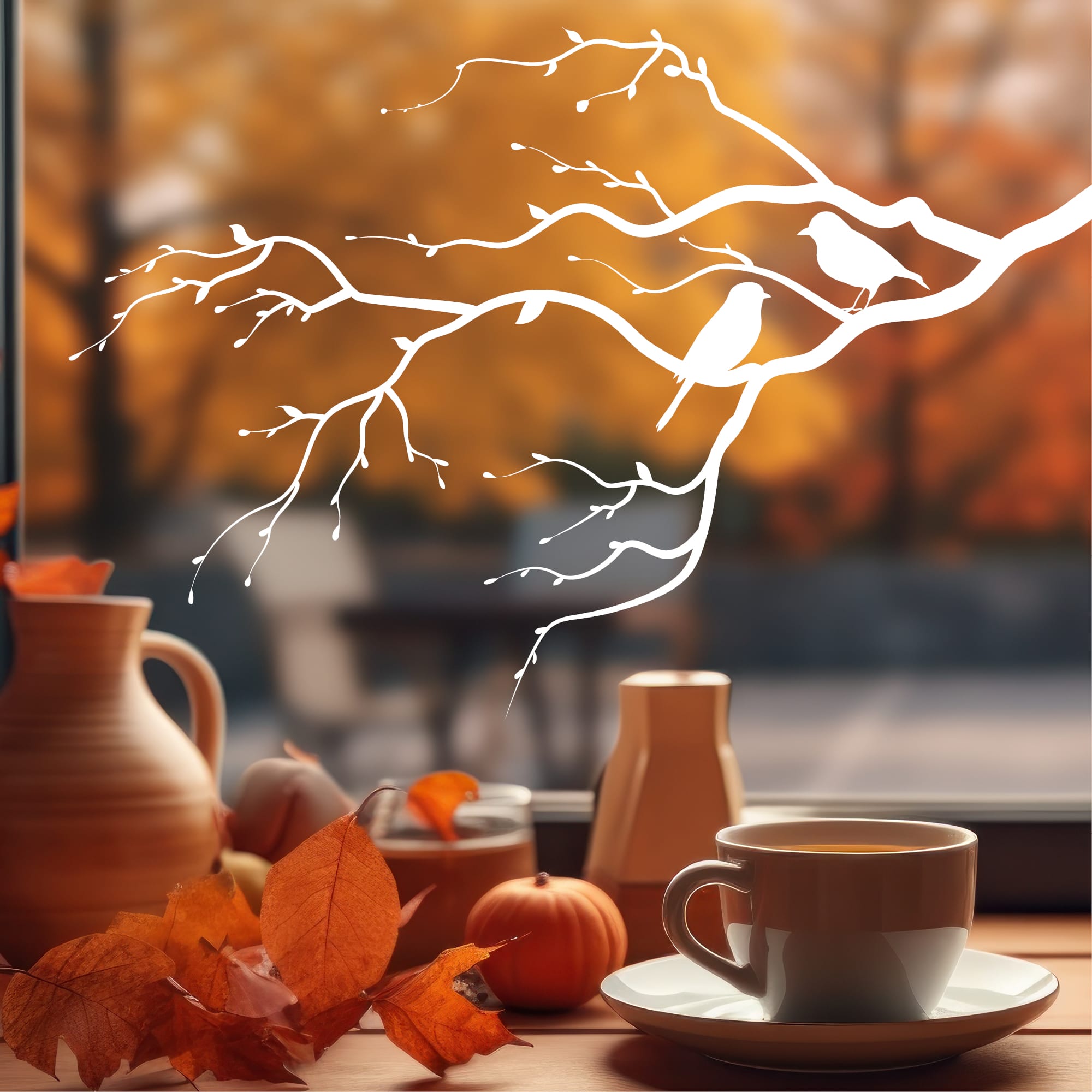 Auf dem Bild ist das Produkt: Fensterbild Zweig Vögel Frühling Sommer Knospen weiß schwarz Kontur junger Ast Frühlingsbote schlicht wiederverwendbar zum Preis von €13.9 abgebildet.