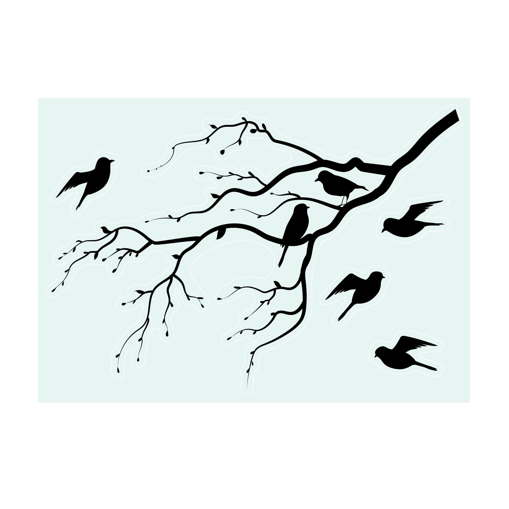 Auf dem Bild ist das Produkt: Fensterbild Zweig Vögel Frühling Sommer Knospen weiß schwarz Kontur junger Ast Frühlingsbote schlicht wiederverwendbar zum Preis von €13.9 abgebildet.