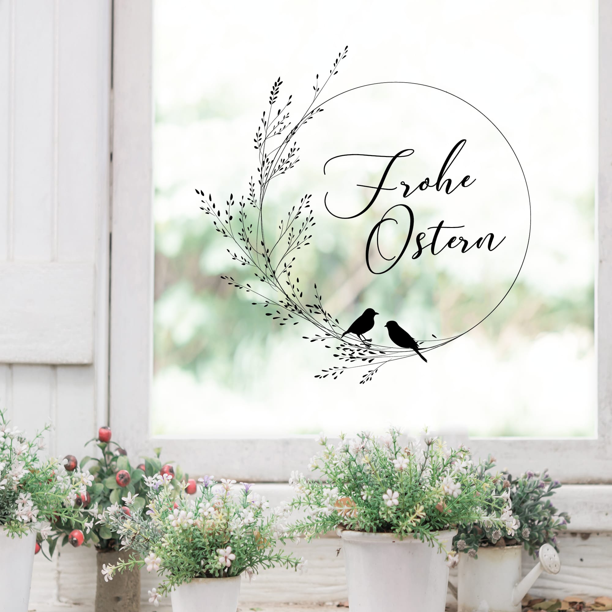 Auf dem Bild ist das Produkt: Fensterbild Ostern Gräserkranz Blätter schwarz weiß Frohe Ostern Frühling Vögel Fensteraufkleber Fensterdeko wiederverwendbare Wohnzimmer zum Preis von €13.9 abgebildet.