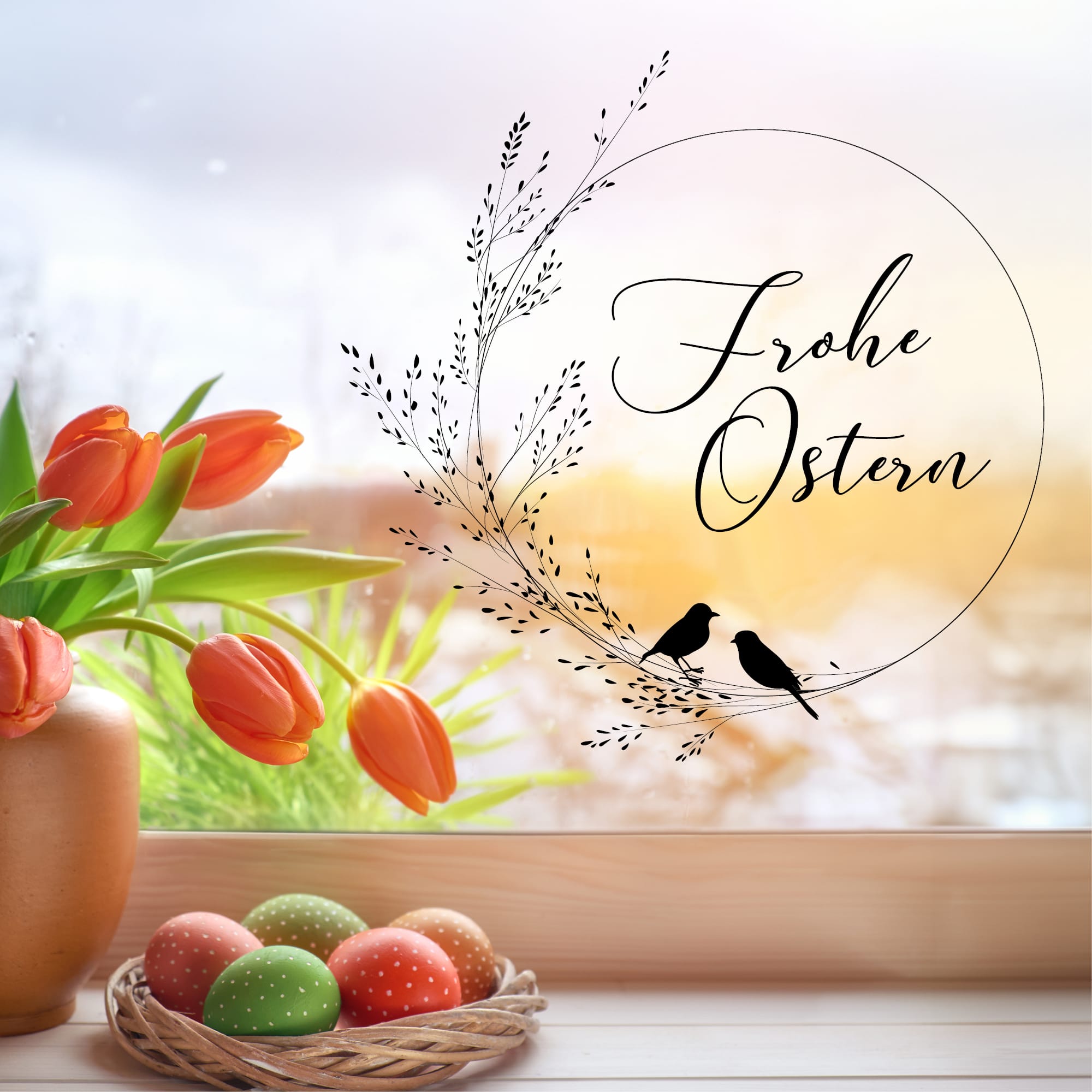 Fensterbild Ostern Gräserkranz Blätter schwarz weiß Frohe Ostern Frühling Vögel Fensteraufkleber Fensterdeko wiederverwendbare Wohnzimmer