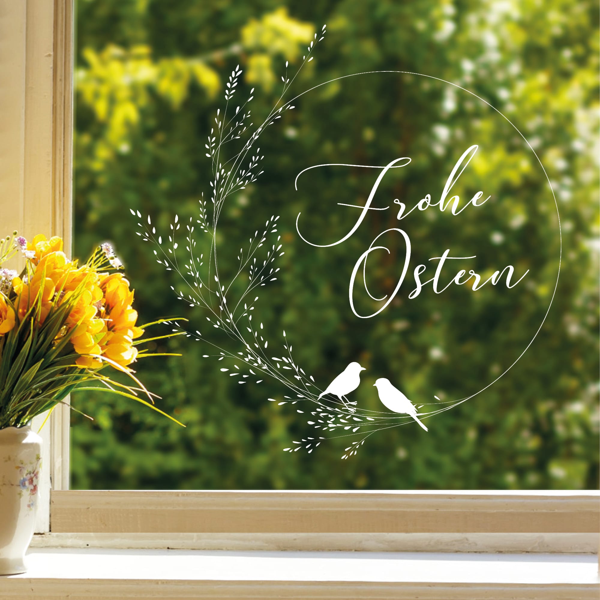 Auf dem Bild ist das Produkt: Fensterbild Ostern Gräserkranz Blätter schwarz weiß Frohe Ostern Frühling Vögel Fensteraufkleber Fensterdeko wiederverwendbare Wohnzimmer zum Preis von €13.9 abgebildet.