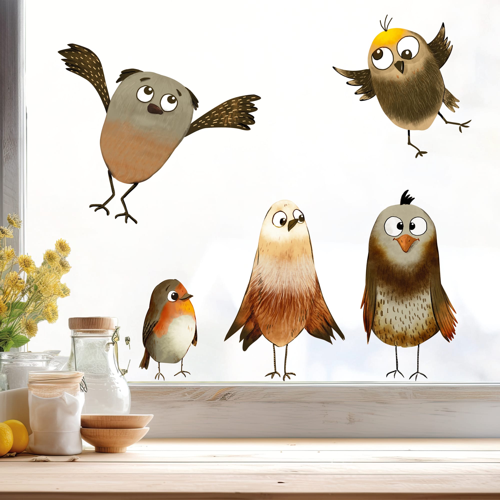 Fensterbild lustige Vögel Vogelset Frühling Fensteraufkleber Kinderzimmer Kind, Frühlingsdeko, Osterdeko Wiederverwendbar witziger Vogel