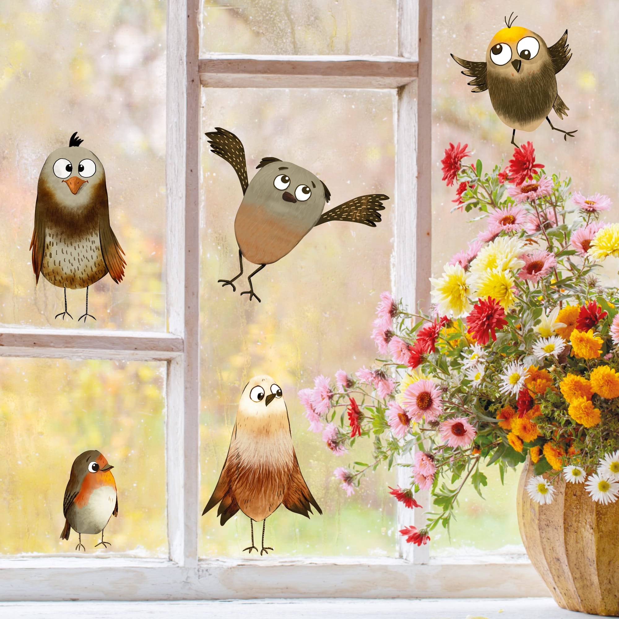 Auf dem Bild ist das Produkt: Fensterbild lustige Vögel Vogelset Frühling Fensteraufkleber Kinderzimmer Kind, Frühlingsdeko, Osterdeko Wiederverwendbar witziger Vogel zum Preis von €13.9 abgebildet.