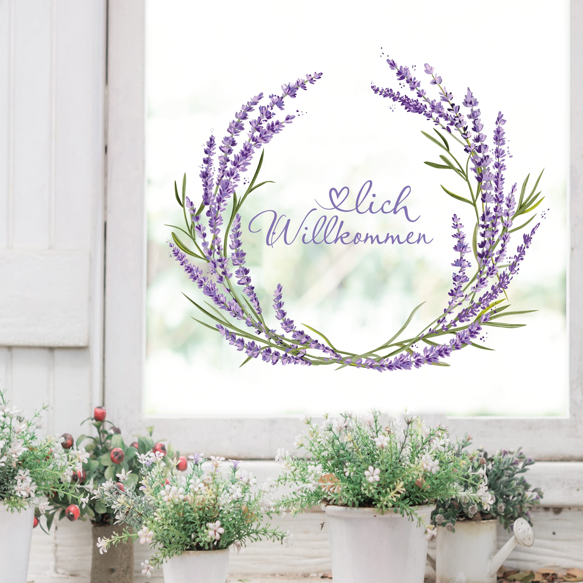 Auf dem Bild ist das Produkt: Fensterbild Lavendelkranz Willkommen Blätter Herzlich Willkommen Frühling Fensteraufkleber Fensterdeko wiederverwendbare Eingang zum Preis von €13.9 abgebildet.