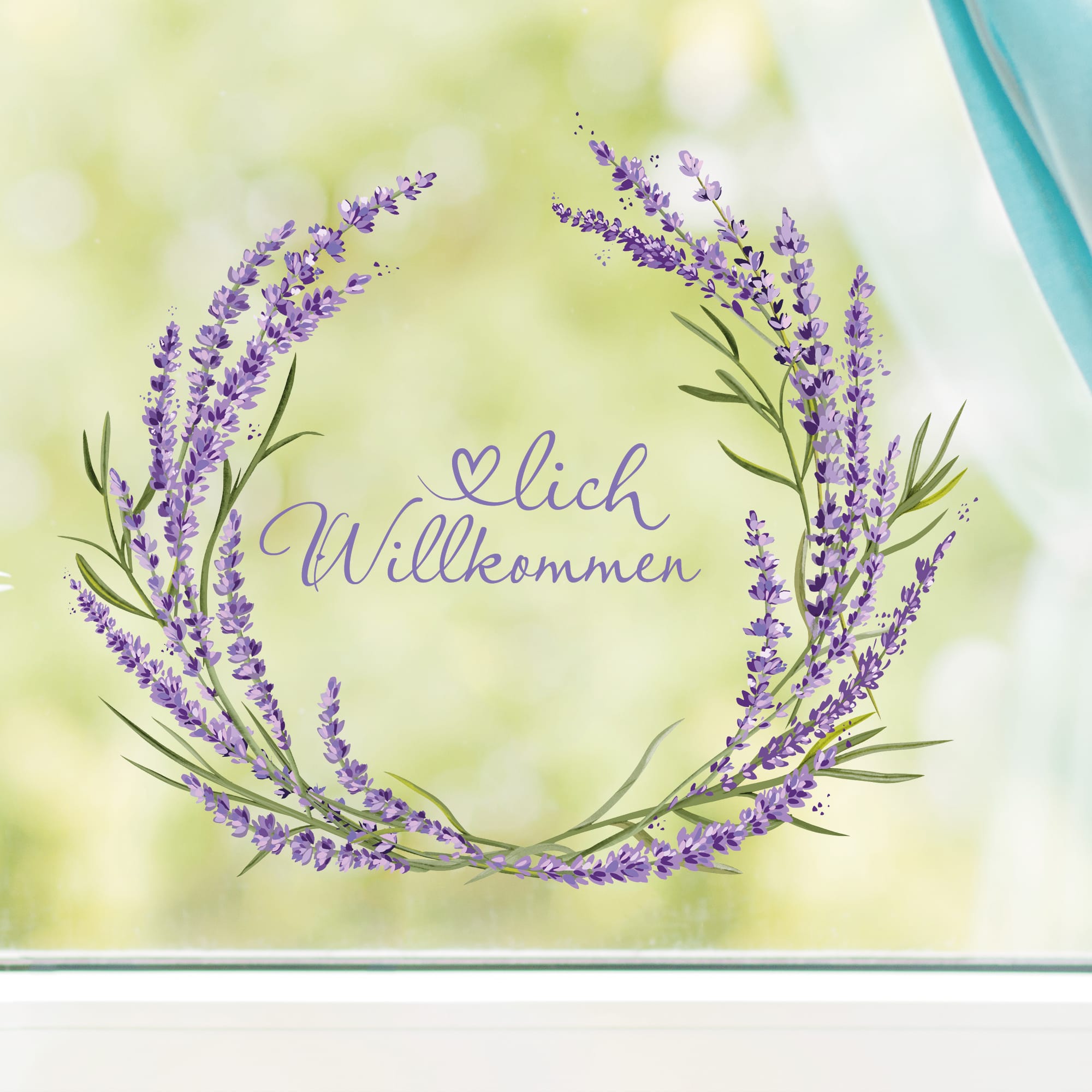 Auf dem Bild ist das Produkt: Fensterbild Lavendelkranz Willkommen Blätter Herzlich Willkommen Frühling Fensteraufkleber Fensterdeko wiederverwendbare Eingang zum Preis von €13.9 abgebildet.