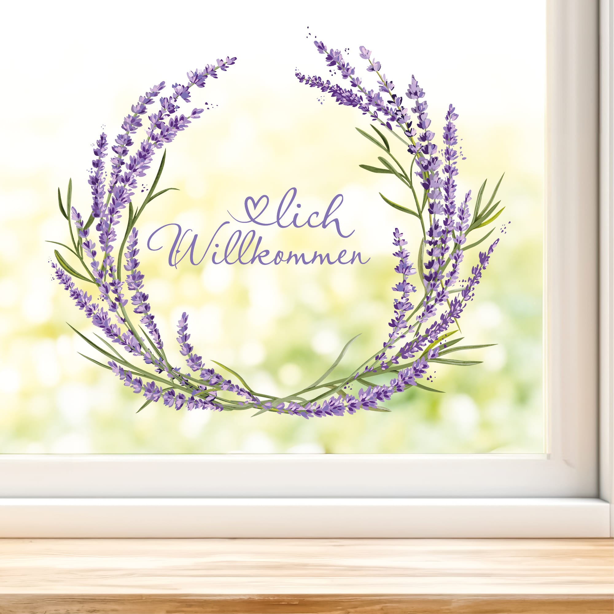 Auf dem Bild ist das Produkt: Fensterbild Lavendelkranz Willkommen Blätter Herzlich Willkommen Frühling Fensteraufkleber Fensterdeko wiederverwendbare Eingang zum Preis von €13.9 abgebildet.
