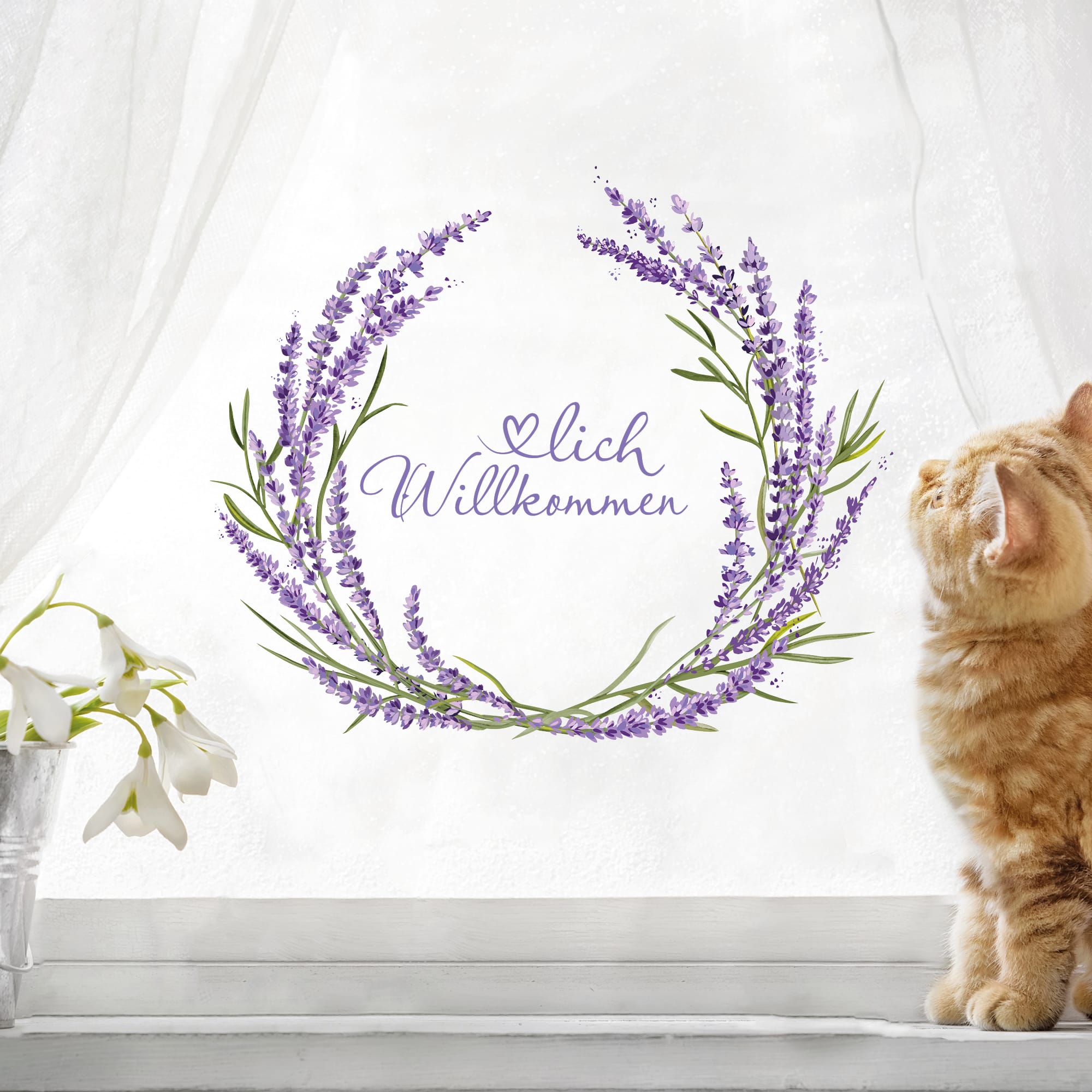 Auf dem Bild ist das Produkt: Fensterbild Lavendelkranz Willkommen Blätter Herzlich Willkommen Frühling Fensteraufkleber Fensterdeko wiederverwendbare Eingang zum Preis von €13.9 abgebildet.
