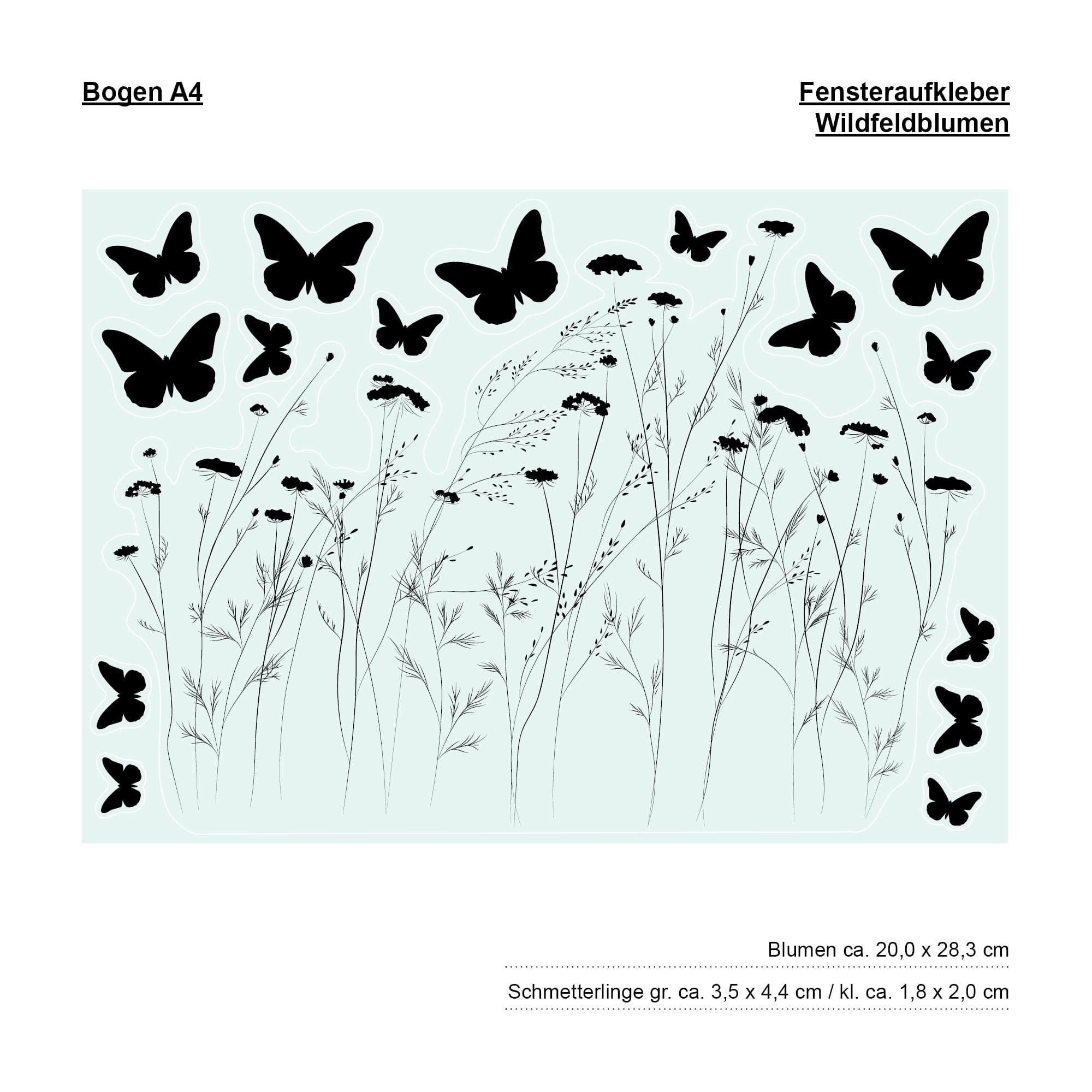 Auf dem Bild ist das Produkt: Fensterbild Wildblumen Frühling zarte Blumen Wildblumenfeld Blumenwiese Fensterdeko Wiederverwendbar Fensterfolie Schmetterlinge zum Preis von €13.90 abgebildet.