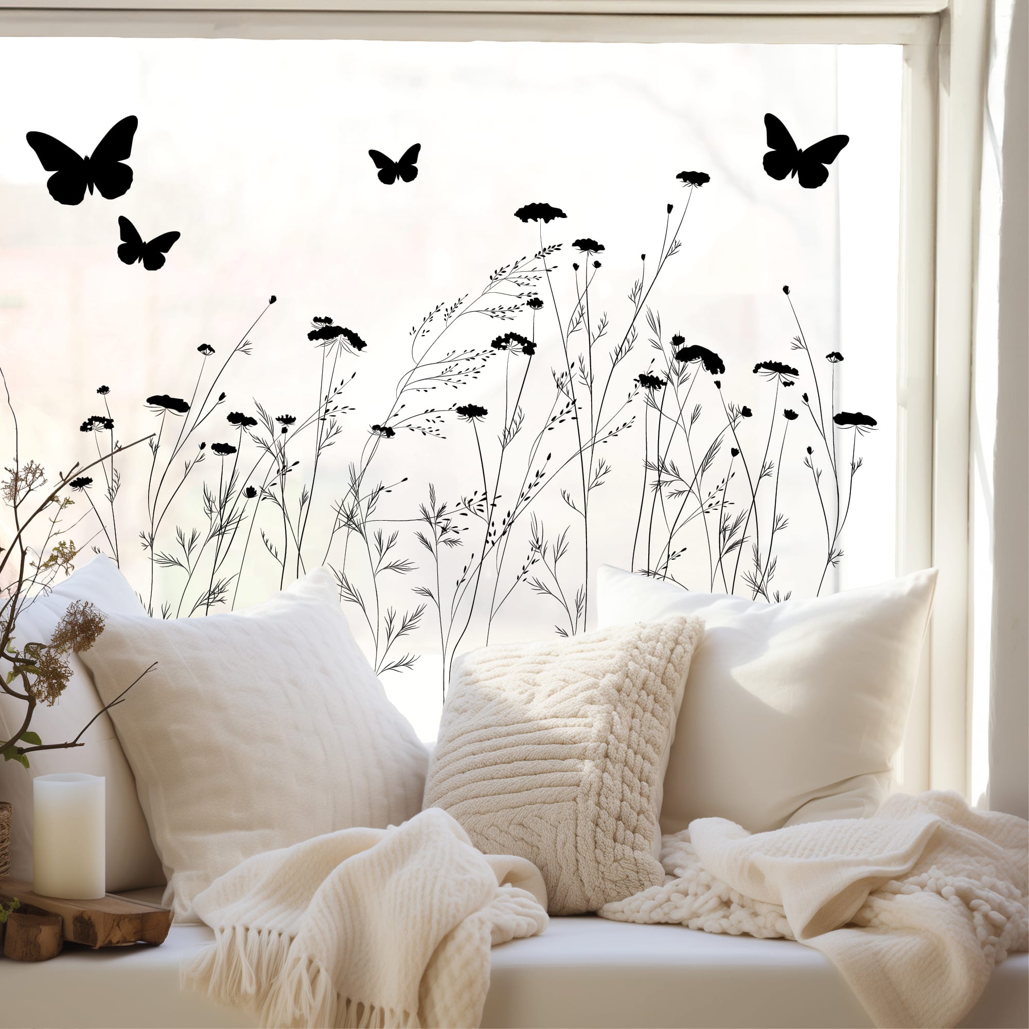 Fensterbild Wildblumen Frühling zarte Blumen Wildblumenfeld Blumenwiese Fensterdeko Wiederverwendbar Fensterfolie Schmetterlinge
