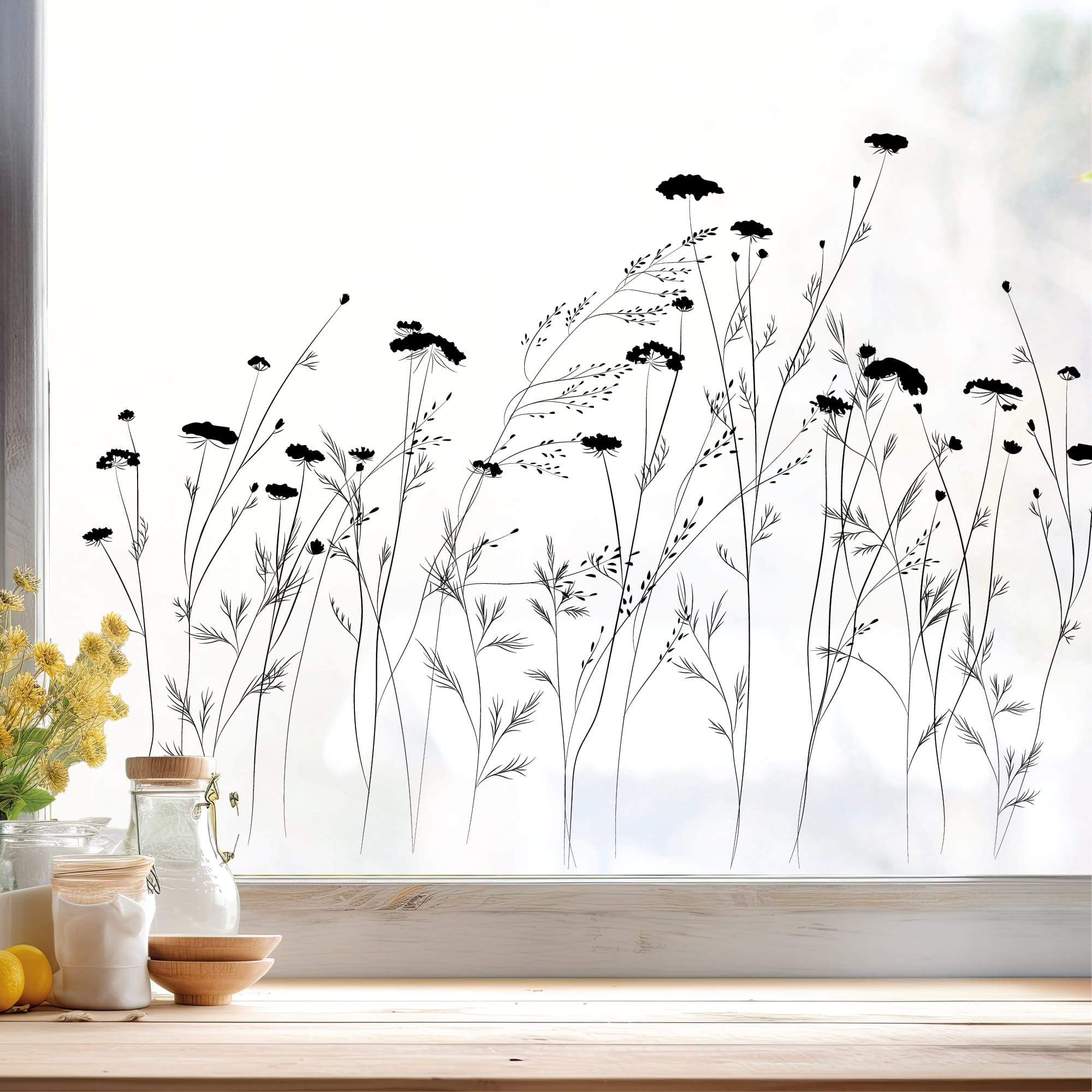 Auf dem Bild ist das Produkt: Fensterbild Wildblumen Frühling zarte Blumen Wildblumenfeld Blumenwiese Fensterdeko Wiederverwendbar Fensterfolie Schmetterlinge zum Preis von €13.90 abgebildet.