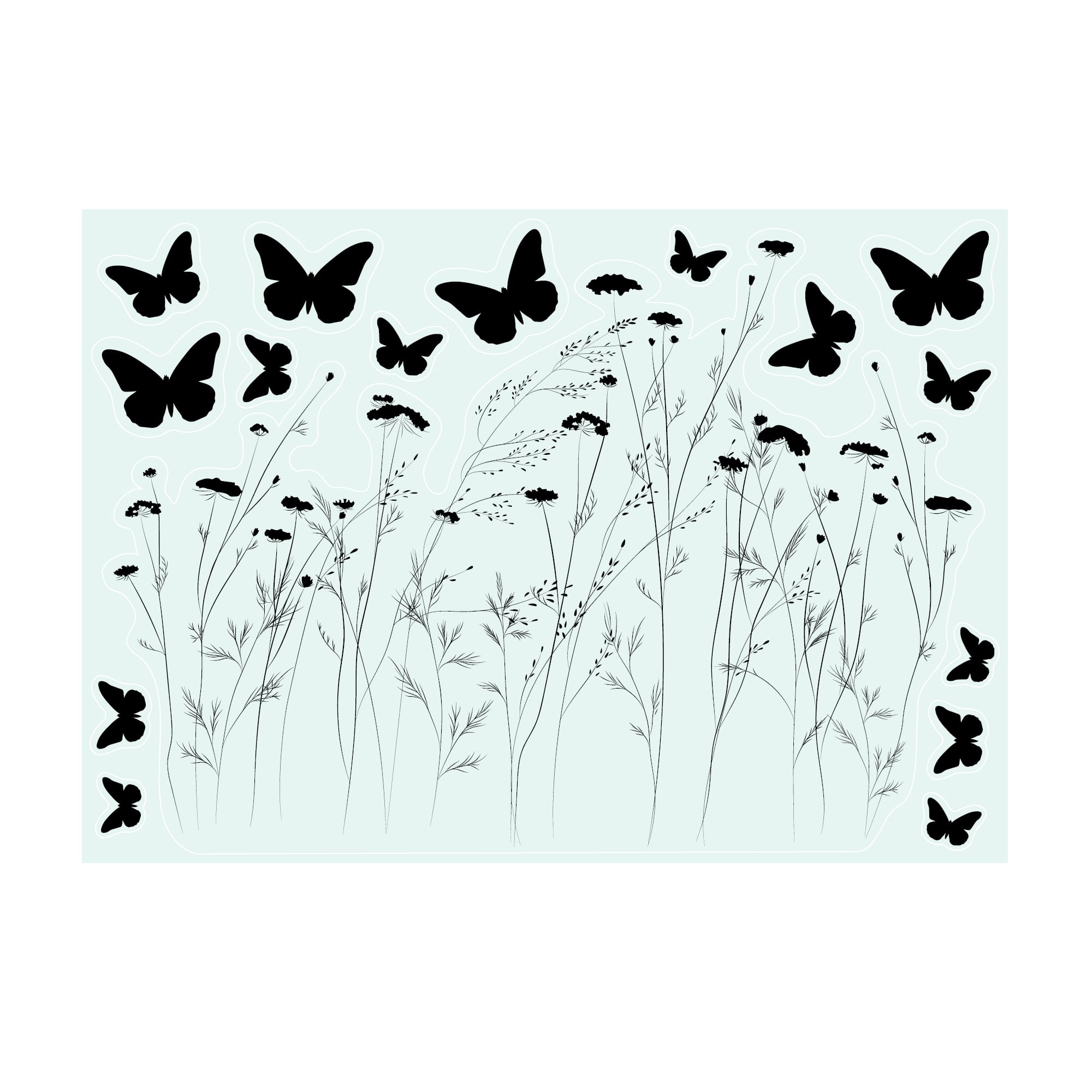 Auf dem Bild ist das Produkt: Fensterbild Wildblumen Frühling zarte Blumen Wildblumenfeld Blumenwiese Fensterdeko Wiederverwendbar Fensterfolie Schmetterlinge zum Preis von €13.90 abgebildet.