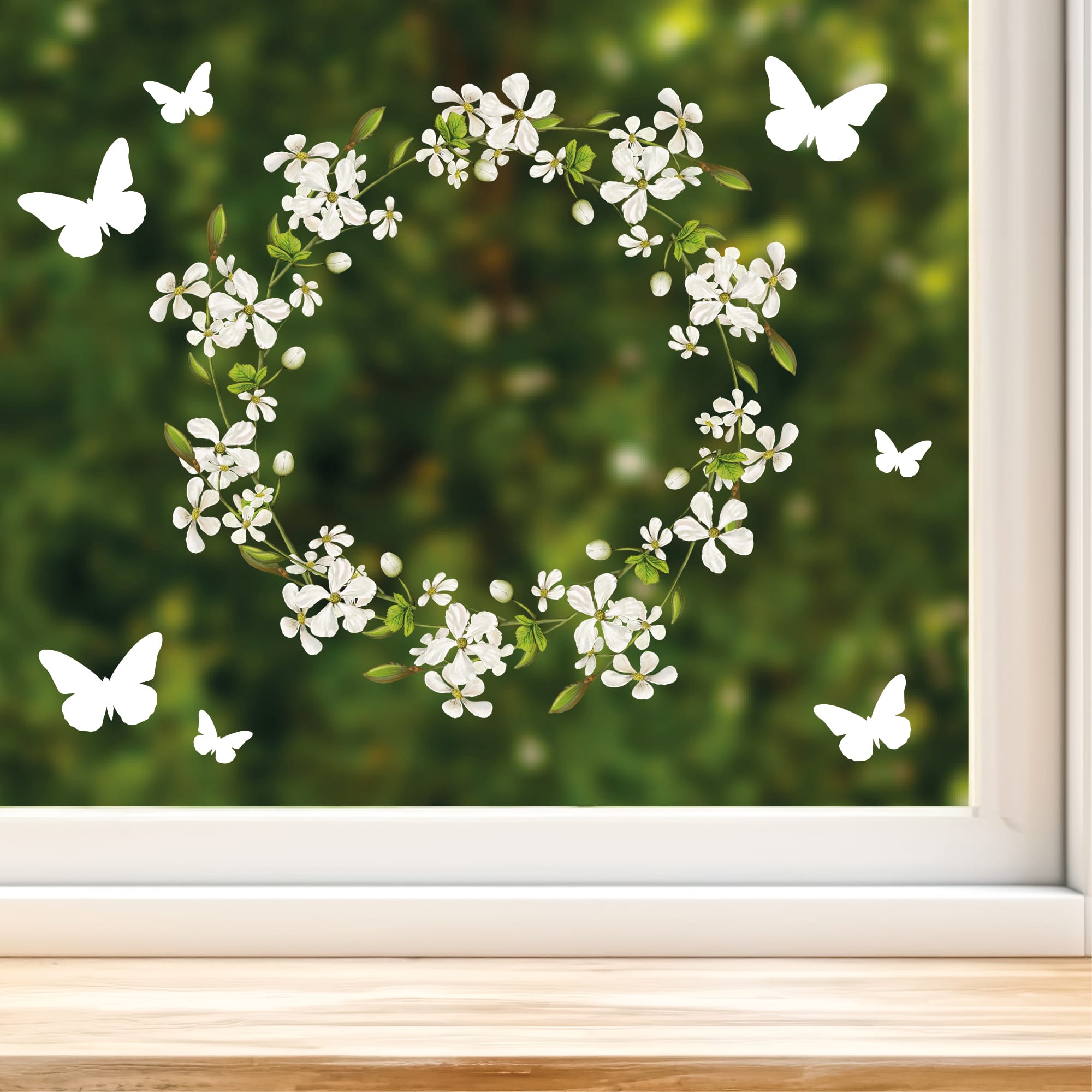 Auf dem Bild ist das Produkt: Fensterbild Blütenkranz weiß Schmetterlinge Blätter Frühling Fensteraufkleber Fensterdeko wiederverwendbare Eingang zum Preis von €13.9 abgebildet.