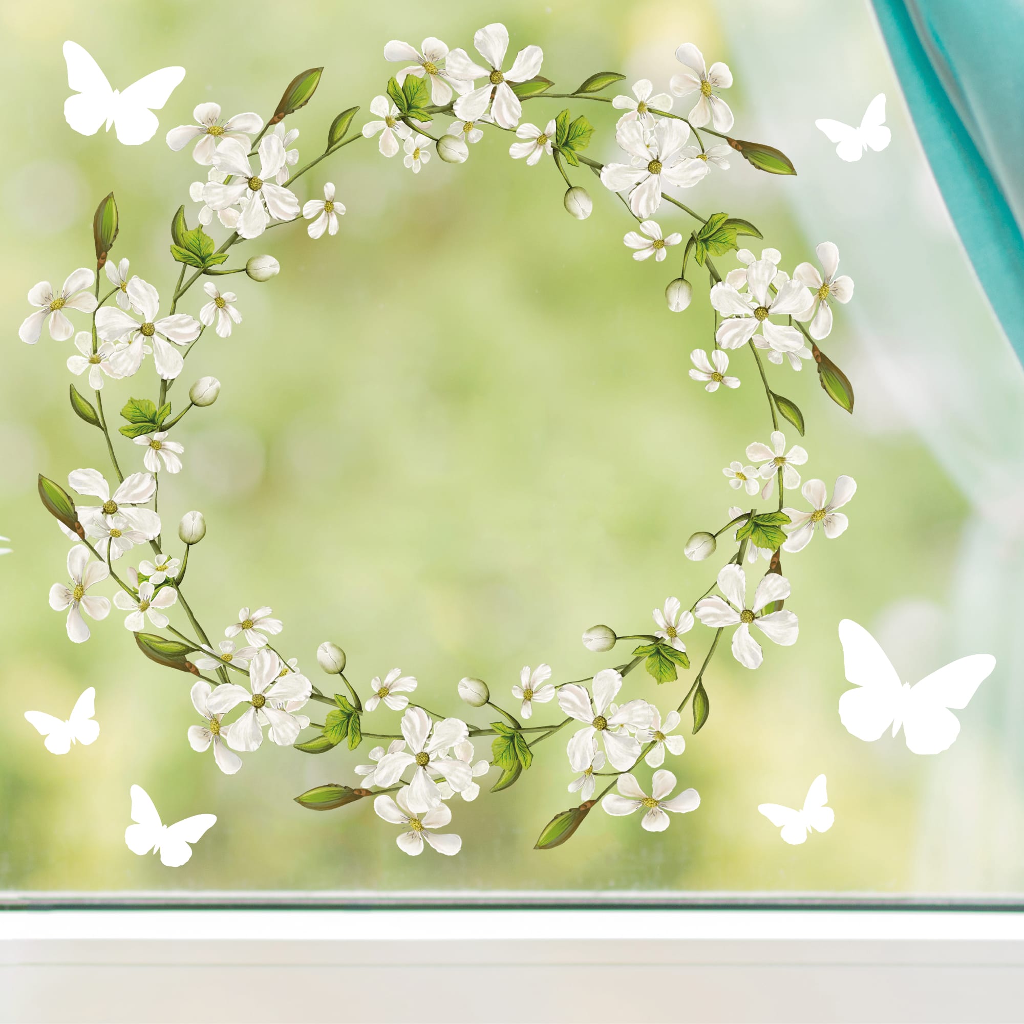 Fensterbild Blütenkranz weiß Schmetterlinge Blätter Frühling Fensteraufkleber Fensterdeko wiederverwendbare Eingang