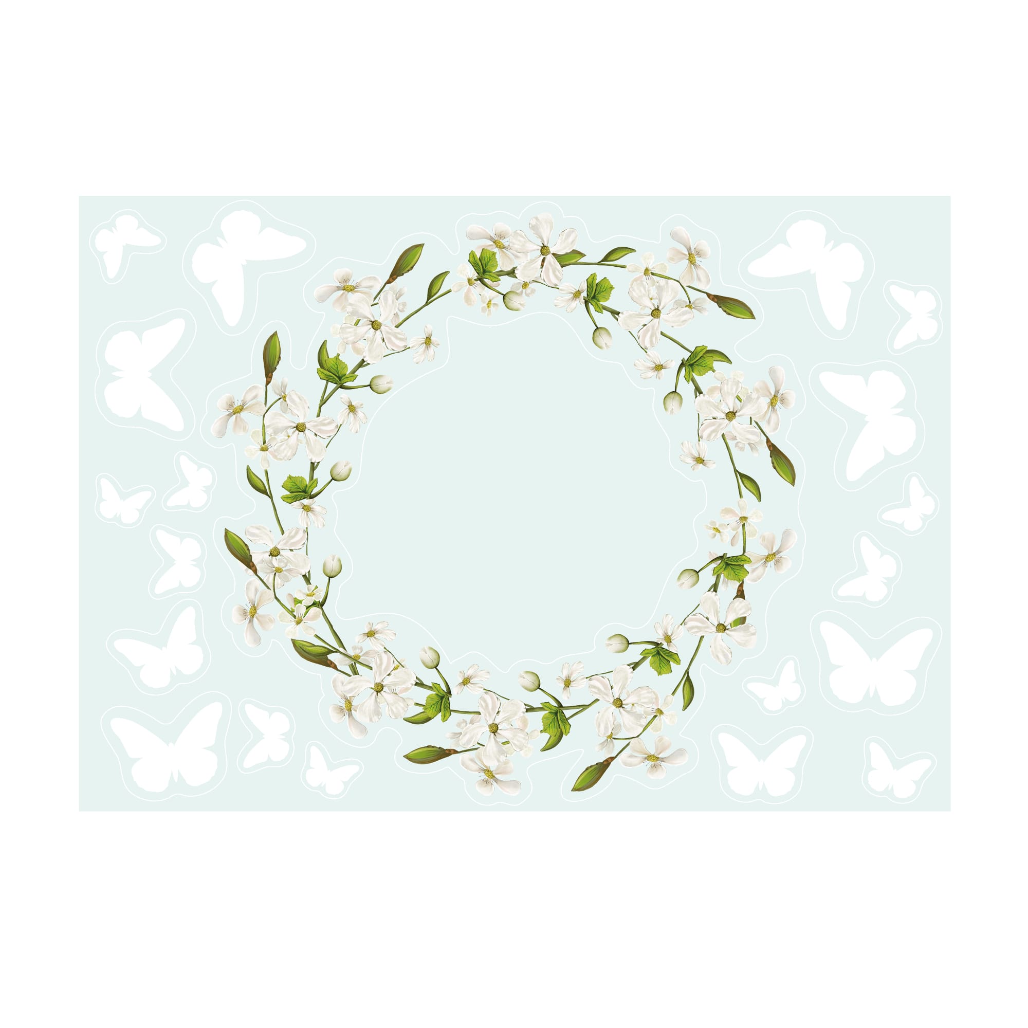 Auf dem Bild ist das Produkt: Fensterbild Blütenkranz weiß Schmetterlinge Blätter Frühling Fensteraufkleber Fensterdeko wiederverwendbare Eingang zum Preis von €13.9 abgebildet.