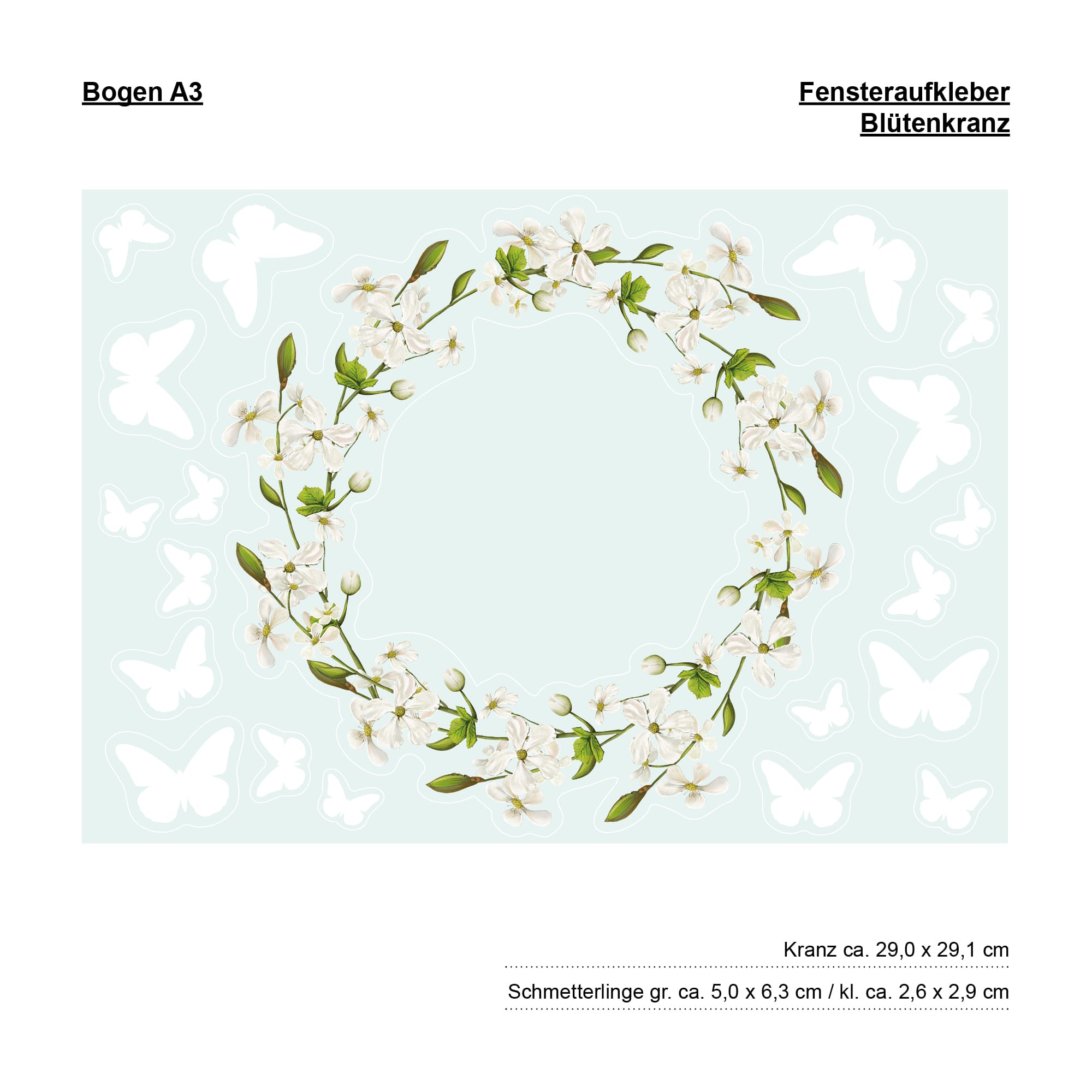 Auf dem Bild ist das Produkt: Fensterbild Blütenkranz weiß Schmetterlinge Blätter Frühling Fensteraufkleber Fensterdeko wiederverwendbare Eingang zum Preis von €13.9 abgebildet.