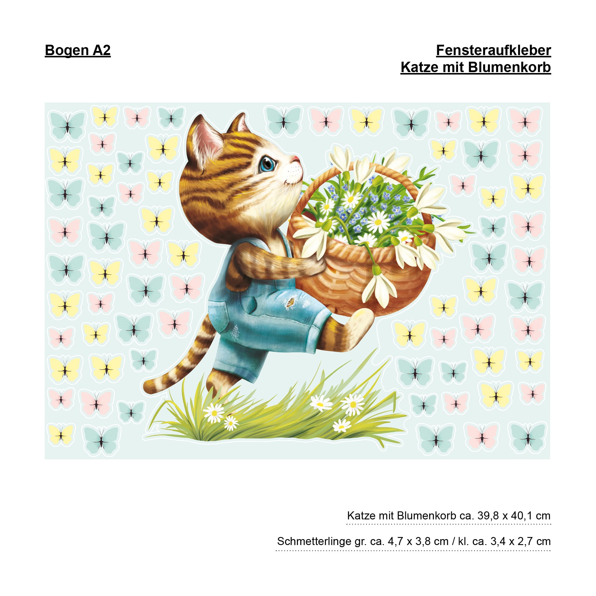 Auf dem Bild ist das Produkt: Wiederverwendbares Fensterbild Frühling Ostern Katze mit Blumen im Korb Schmetterlinge Fensterdeko Kinderzimmer Kind Frühlingsdeko zum Preis von €13.9 abgebildet.