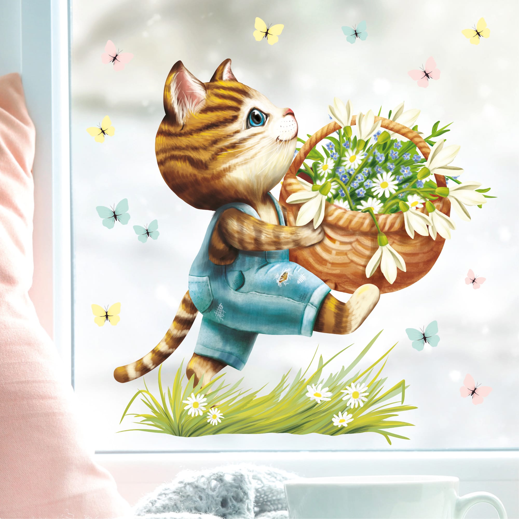 Auf dem Bild ist das Produkt: Wiederverwendbares Fensterbild Frühling Ostern Katze mit Blumen im Korb Schmetterlinge Fensterdeko Kinderzimmer Kind Frühlingsdeko zum Preis von €13.9 abgebildet.