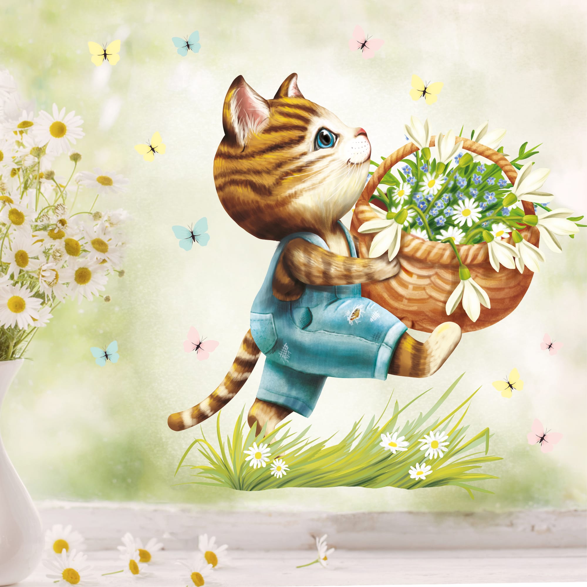 Auf dem Bild ist das Produkt: Wiederverwendbares Fensterbild Frühling Ostern Katze mit Blumen im Korb Schmetterlinge Fensterdeko Kinderzimmer Kind Frühlingsdeko zum Preis von €13.9 abgebildet.