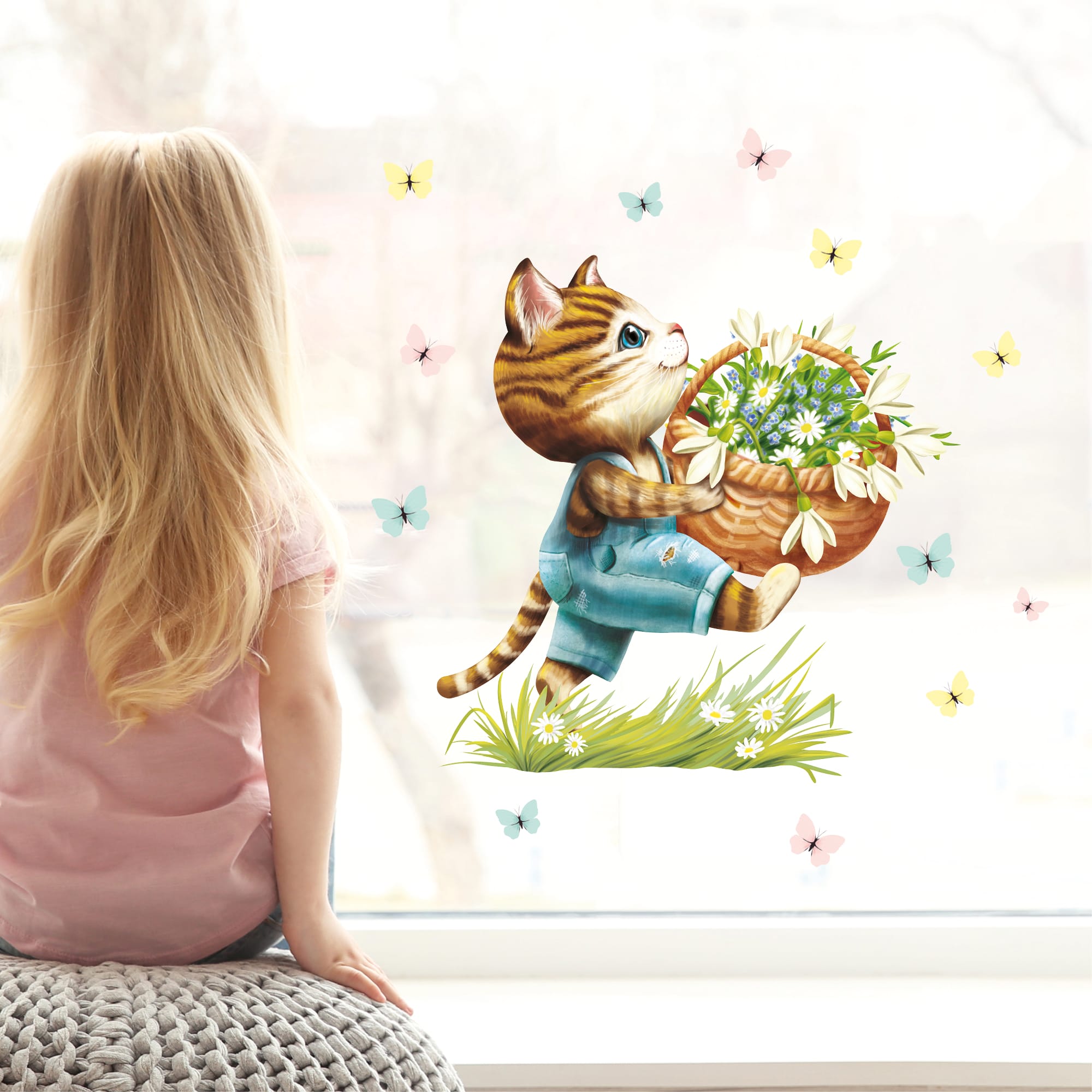 Auf dem Bild ist das Produkt: Wiederverwendbares Fensterbild Frühling Ostern Katze mit Blumen im Korb Schmetterlinge Fensterdeko Kinderzimmer Kind Frühlingsdeko zum Preis von €13.9 abgebildet.