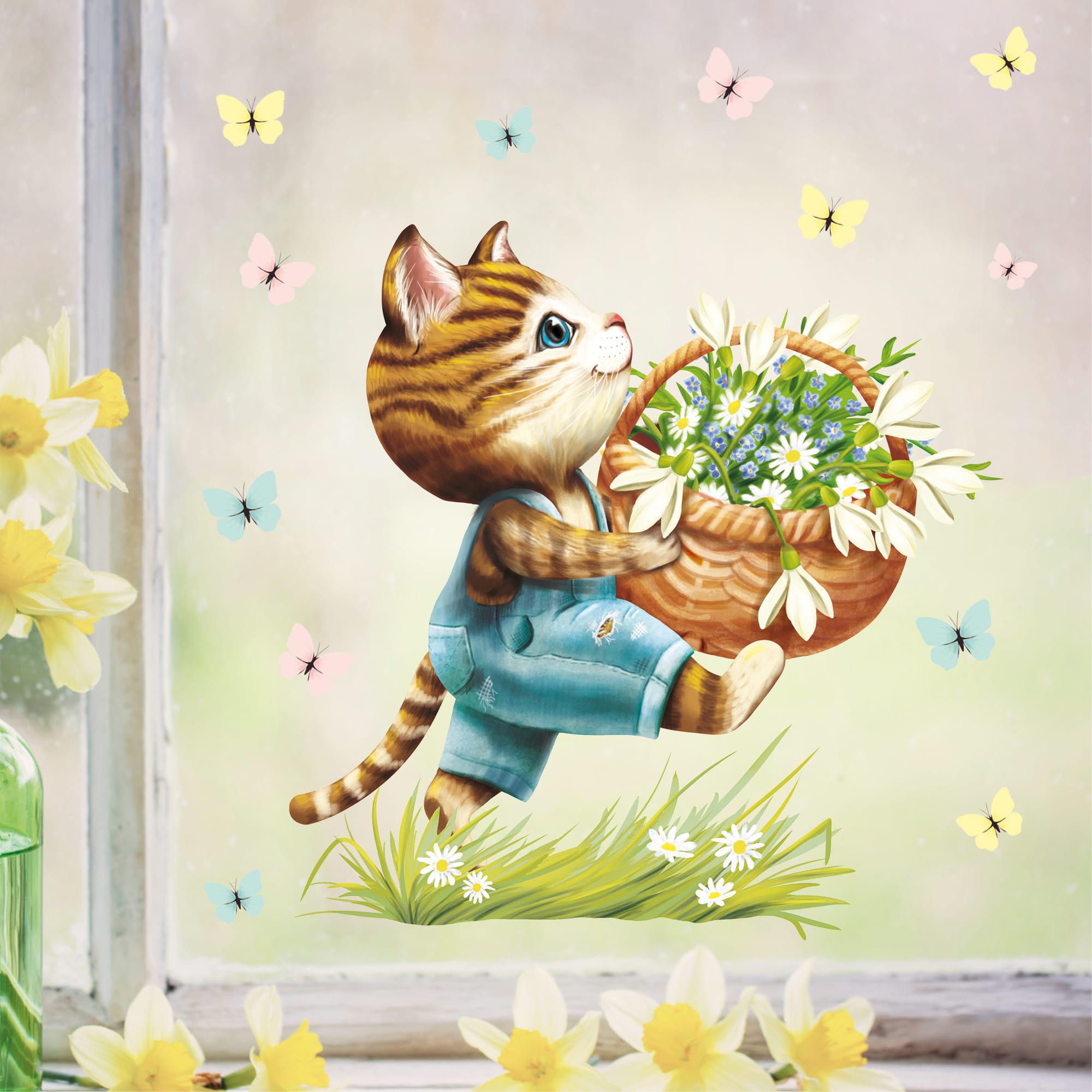 Wiederverwendbares Fensterbild Frühling Ostern Katze mit Blumen im Korb Schmetterlinge Fensterdeko Kinderzimmer Kind Frühlingsdeko