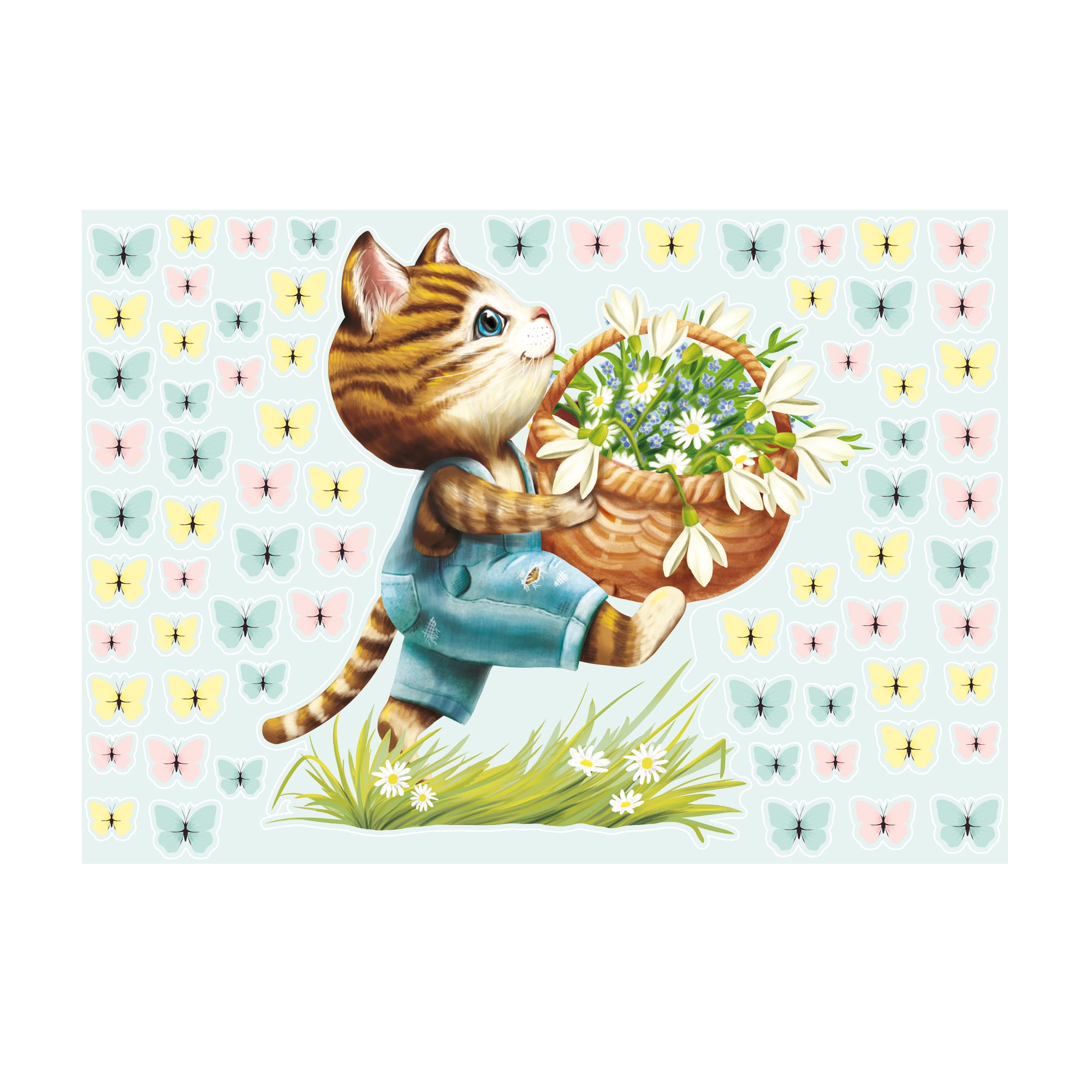 Auf dem Bild ist das Produkt: Wiederverwendbares Fensterbild Frühling Ostern Katze mit Blumen im Korb Schmetterlinge Fensterdeko Kinderzimmer Kind Frühlingsdeko zum Preis von €13.9 abgebildet.