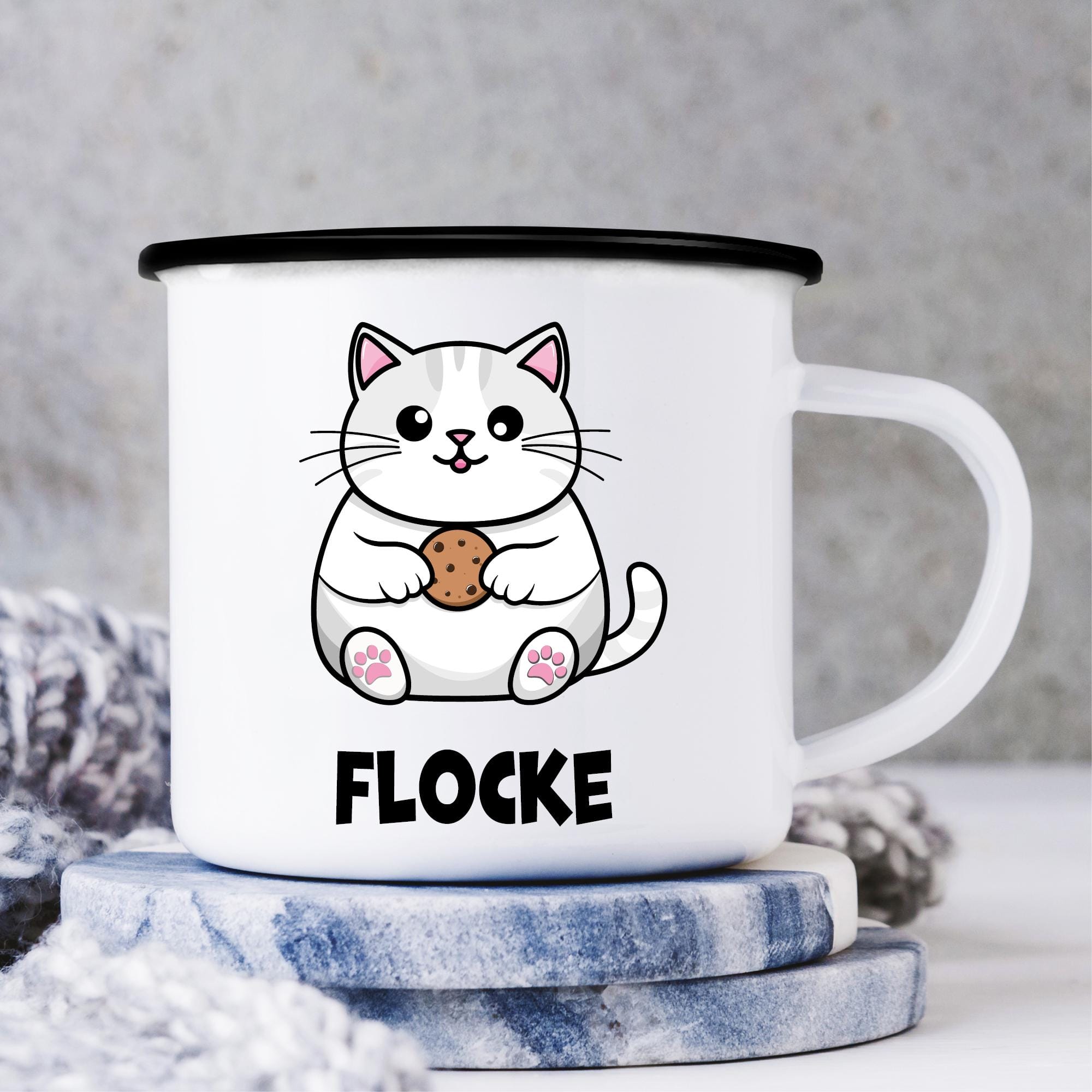 Campingbecher dicke Katze mit Wunschnamen lustige Katzentasse Emaille Keks Humor Geschenk Geburtstag