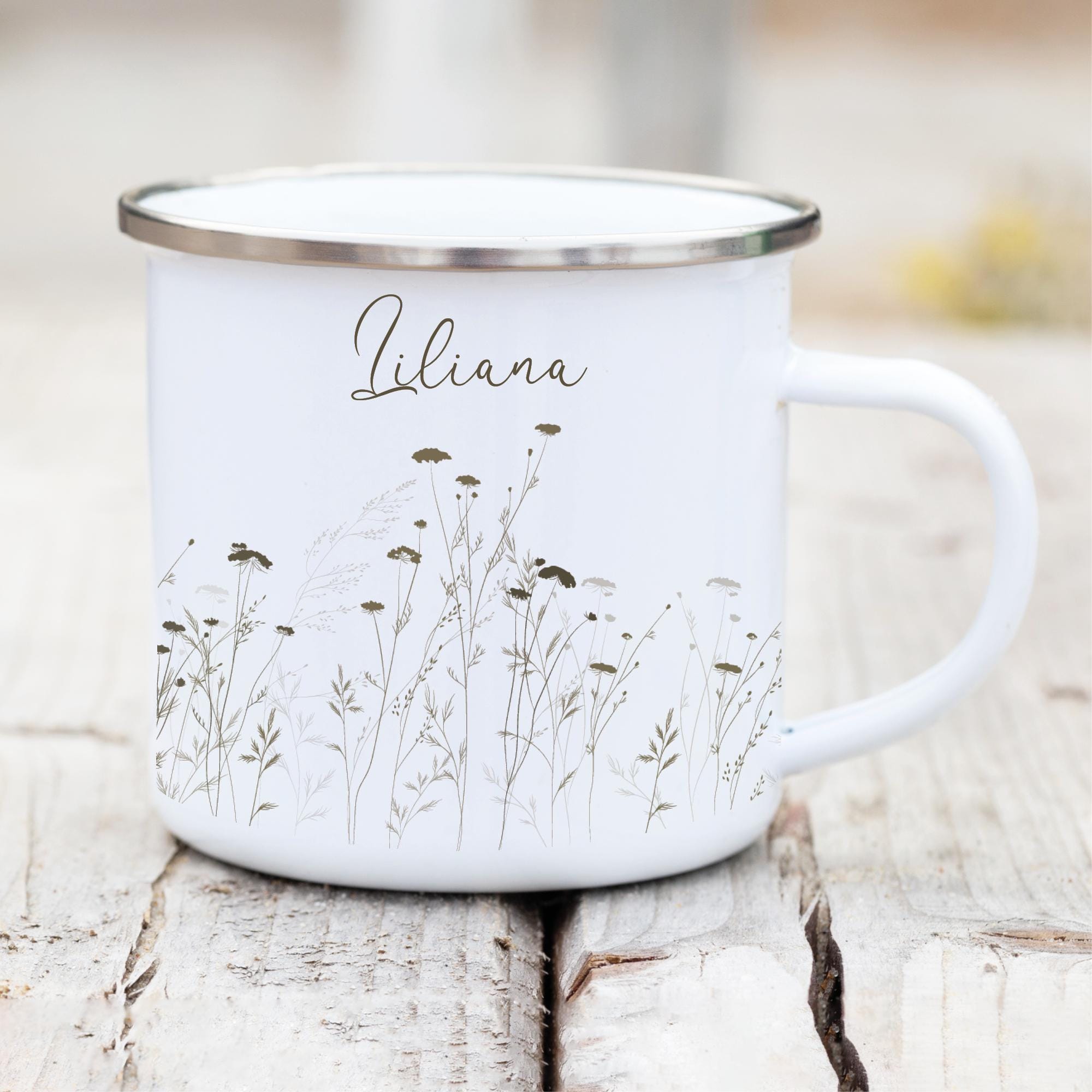 Campingbecher Emaille Wildgräser Wunschname Natur Naturliebhaber Camper Tasse Wildgras schlicht