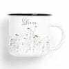Auf dem Bild ist das Produkt: Campingbecher Emaille Wildgräser Wunschname Natur Naturliebhaber Camper Tasse Wildgras schlicht zum Preis von €12.90 abgebildet.