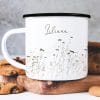 Auf dem Bild ist das Produkt: Campingbecher Emaille Wildgräser Wunschname Natur Naturliebhaber Camper Tasse Wildgras schlicht zum Preis von €12.90 abgebildet.