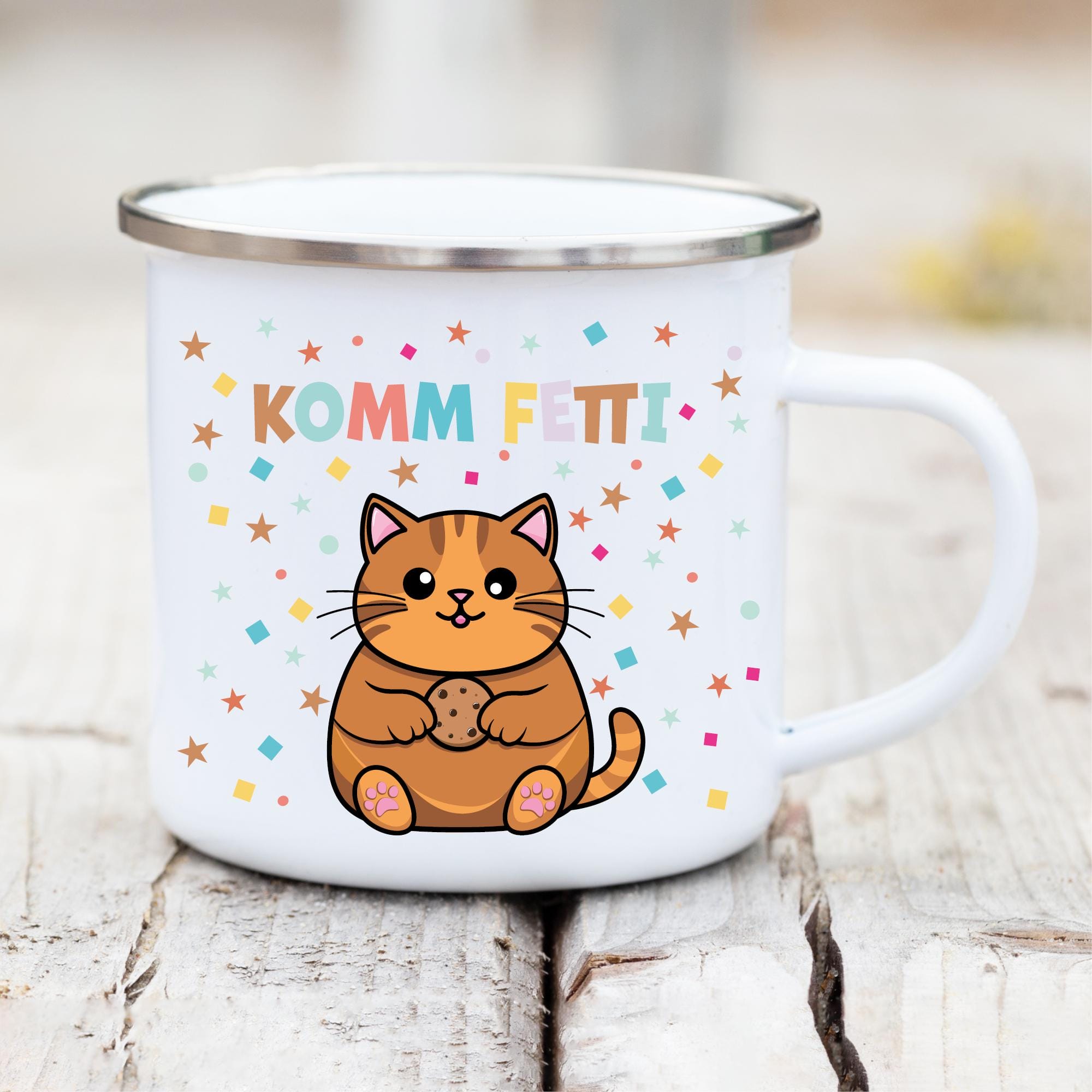Campingbecher Komm Fetti Katze lustige Katzentasse Emaille Konfetti Humor bunt Geschenk Geburtstag Karneval Fasching