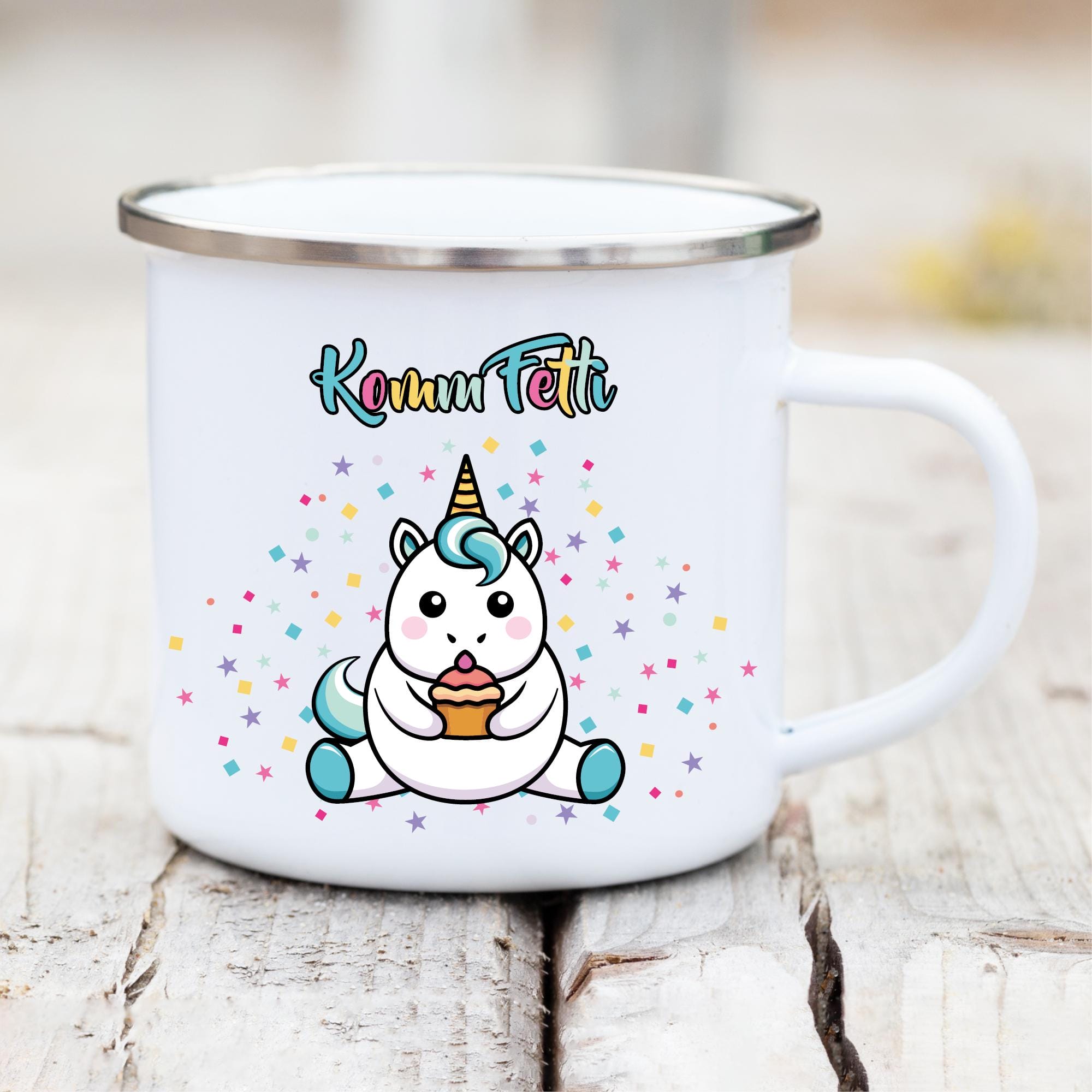 Campingbecher Komm Fetti lustiger Einhornbecher Emaille Konfetti Humor bunt Geschenk Geburtstag Karneval Fasching